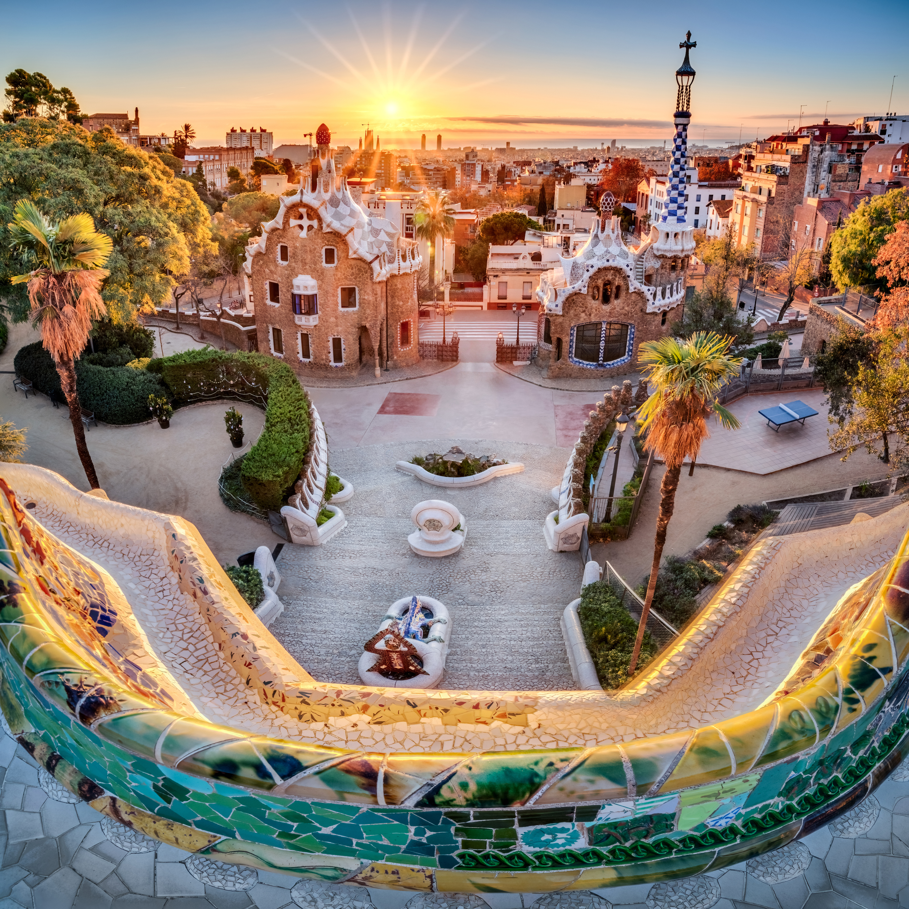 Park Guell at golden hour. Barcelona, Spain