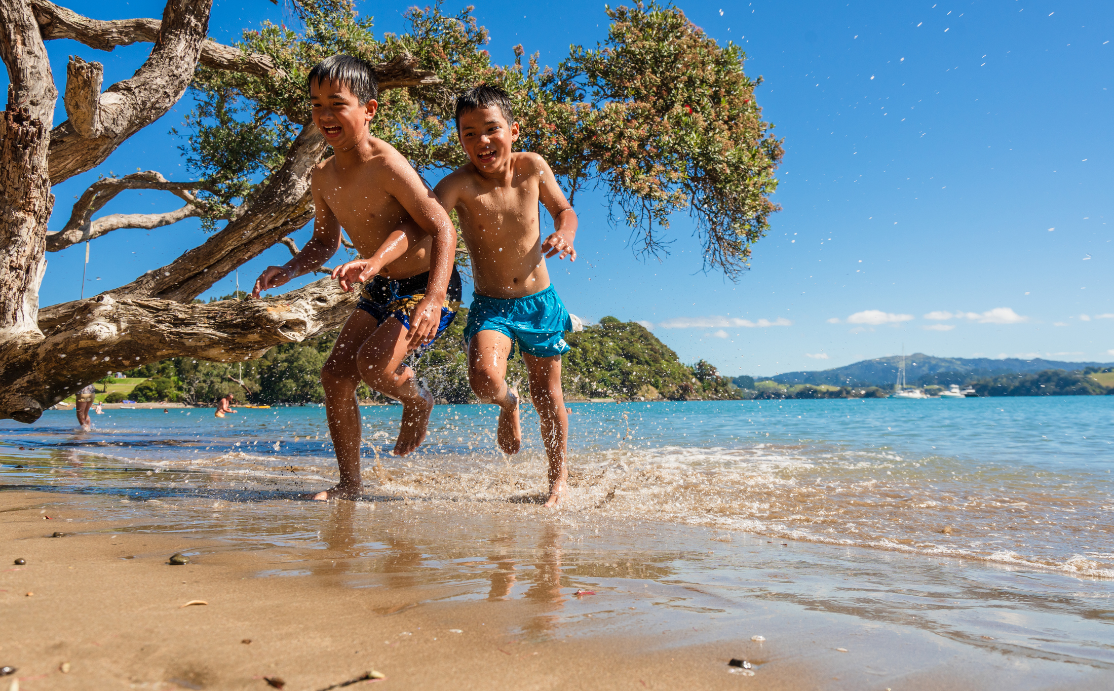 Two boys run joyfully through shallow water on a sunny beach, with trees and hills in the background.