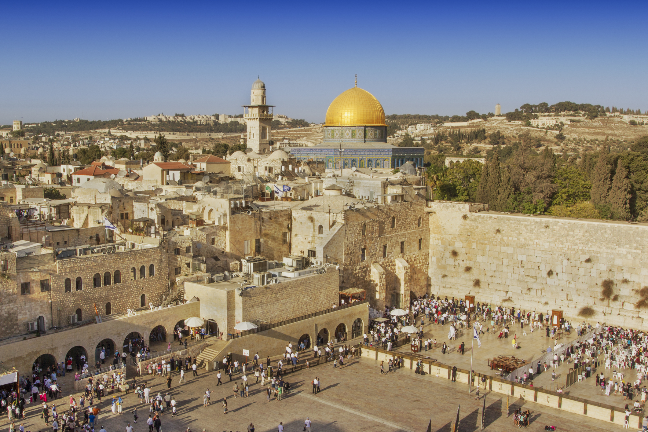 Aerial view of the Western Wall and the Dome of the Rock in Jerusalem, bustling with people and surrounded by historic buildings.