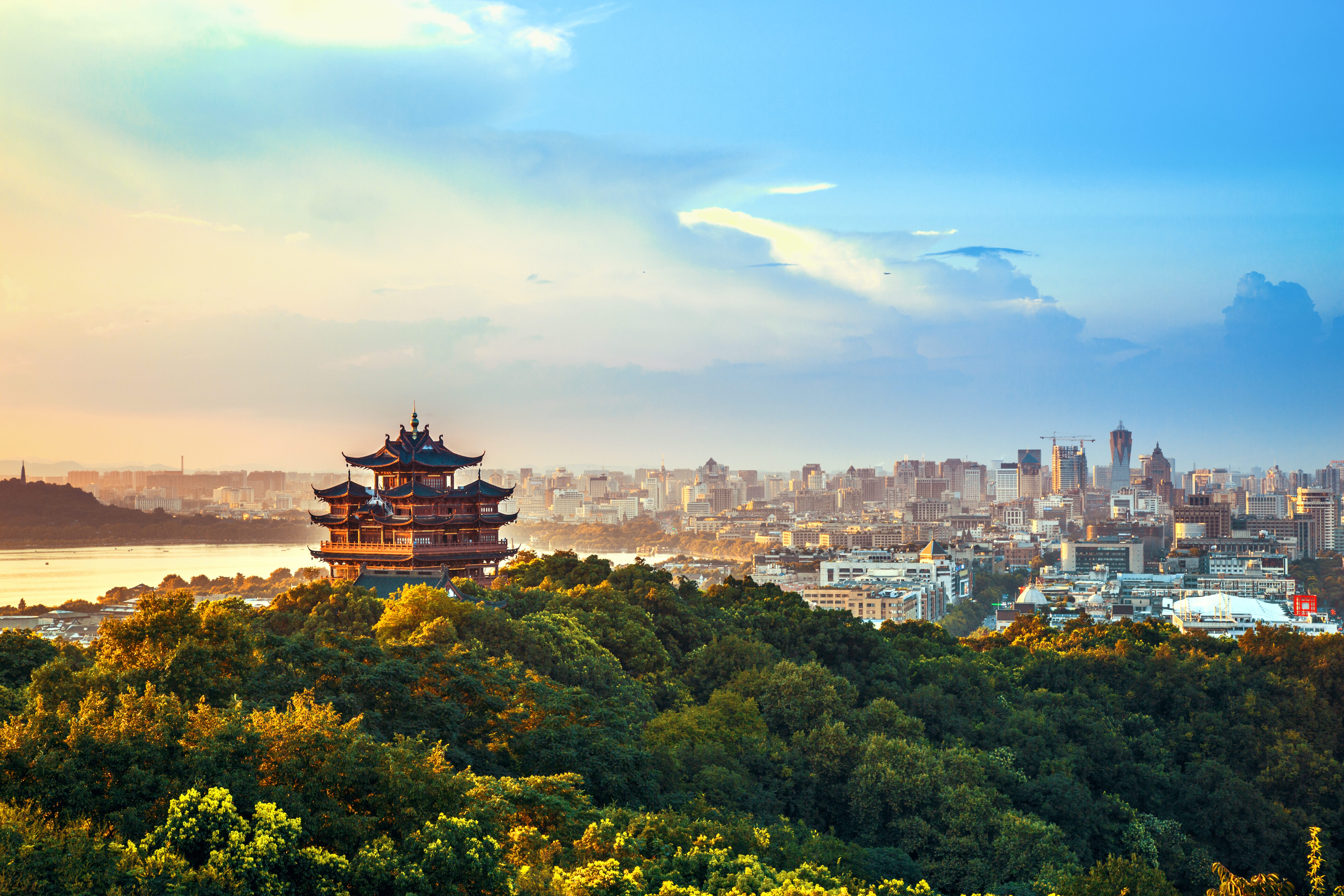 City view of Hangzhou across its famed West Lake