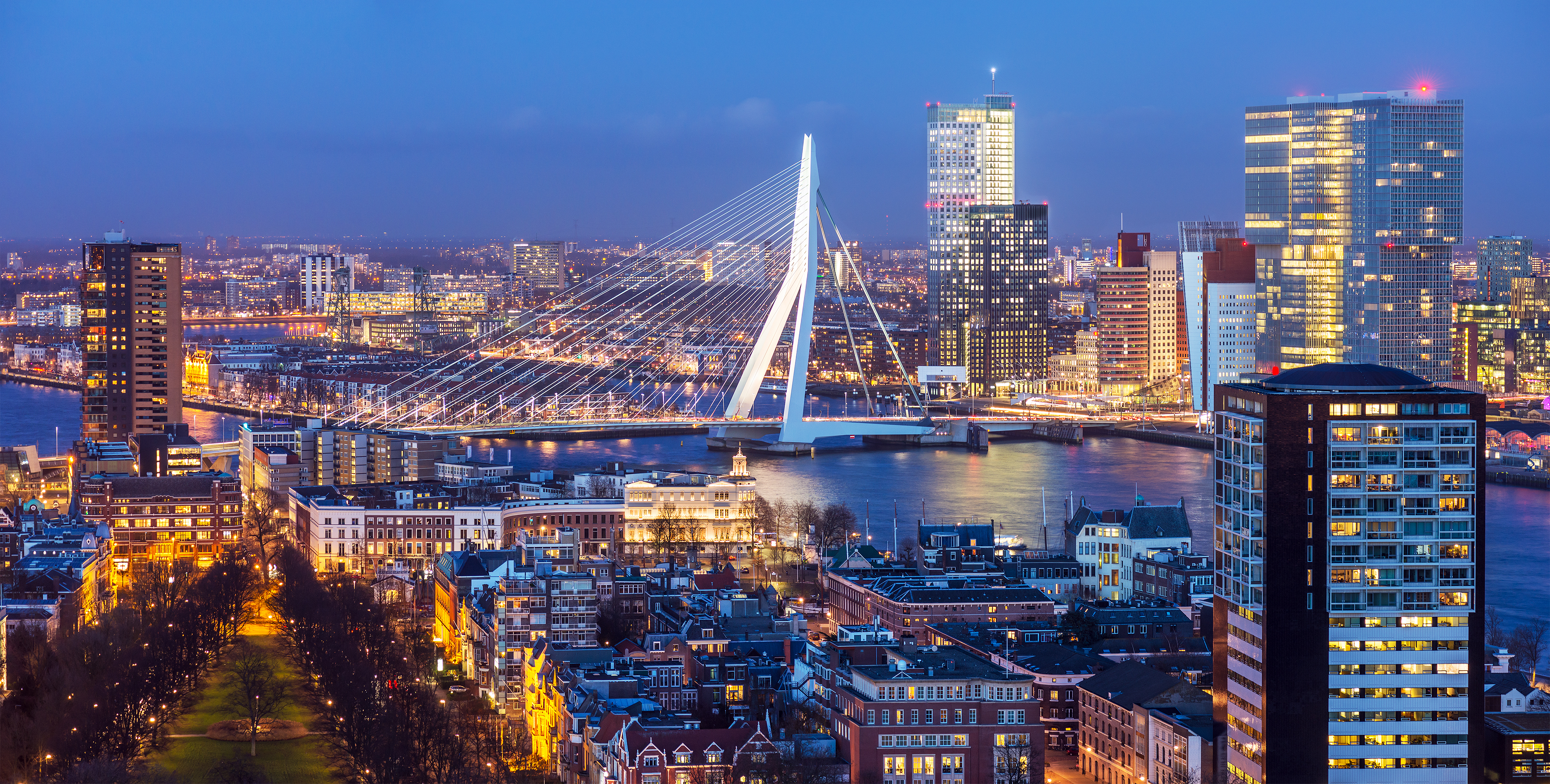 Aerial shot of Rotterdam skyline with Erasmus bridge at twilight as seen from the Euromast tower