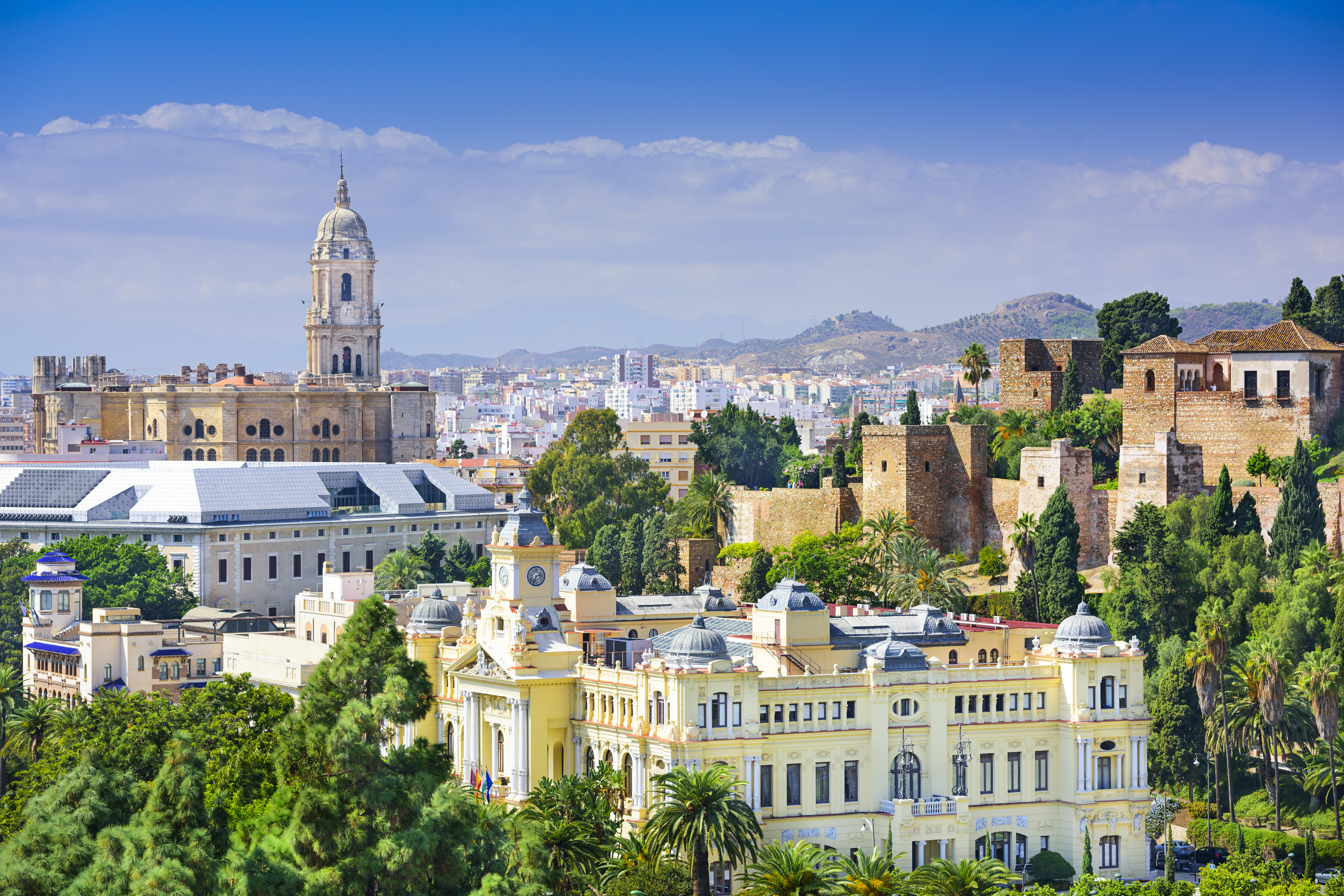 Cityscape at the Cathedral, City Hall and Alcazaba citadel