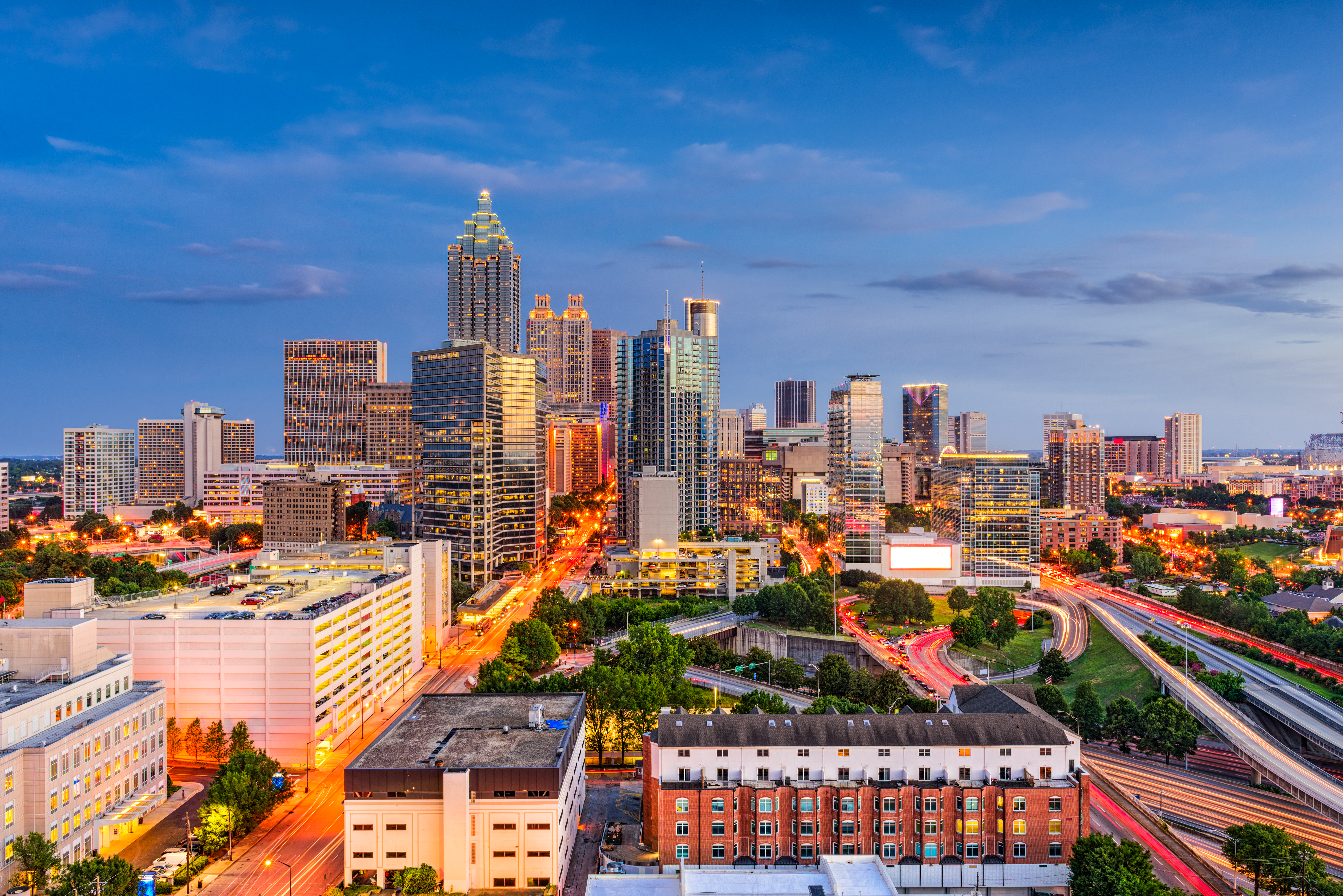 Downtown city centre at sunset