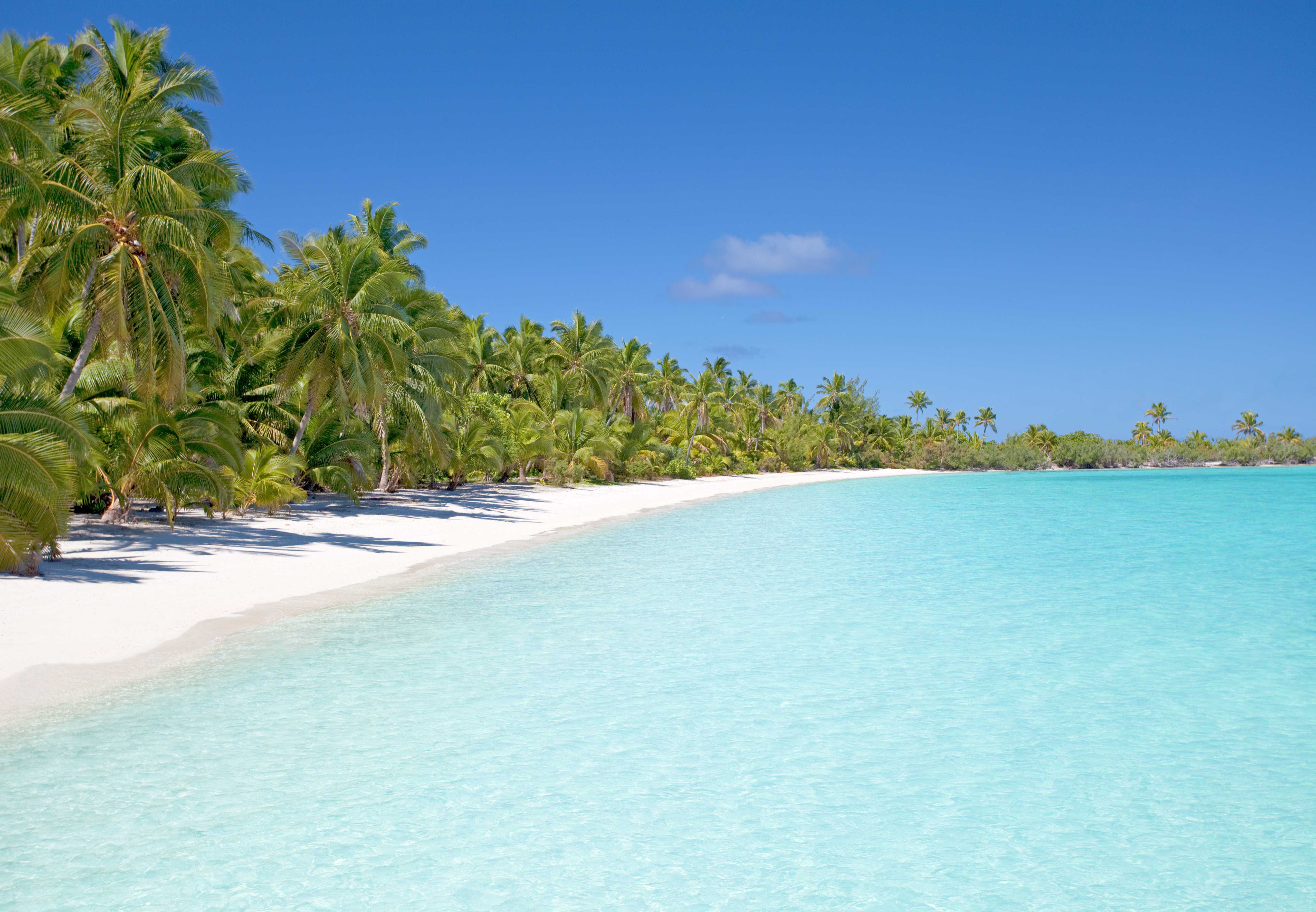 Aitutaki in the Cook Islands, South Pacific has idyllic lagoons with white sand and clear water