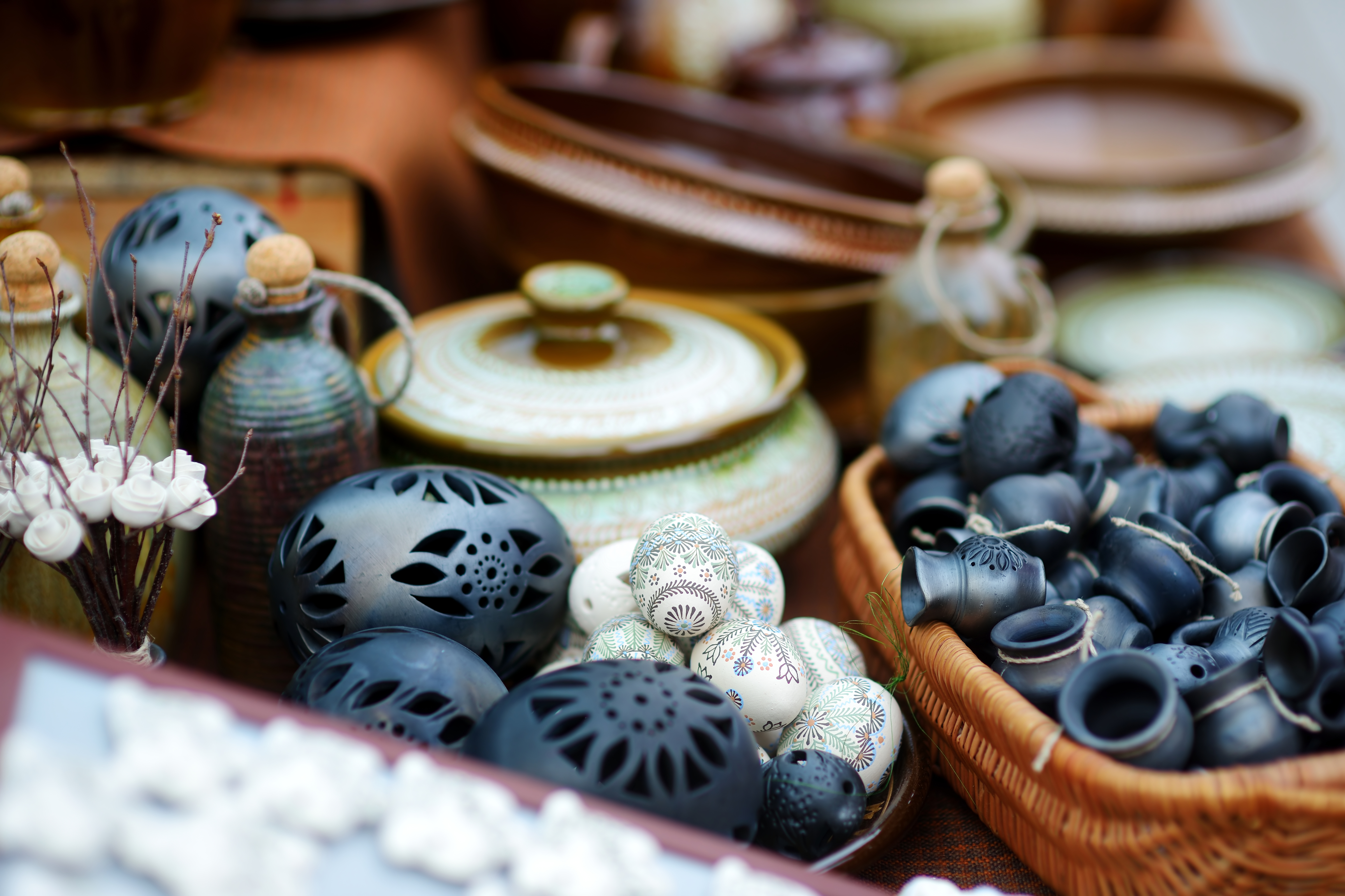 Ceramic dishes, tableware and jugs sold on Easter market in Vilnius