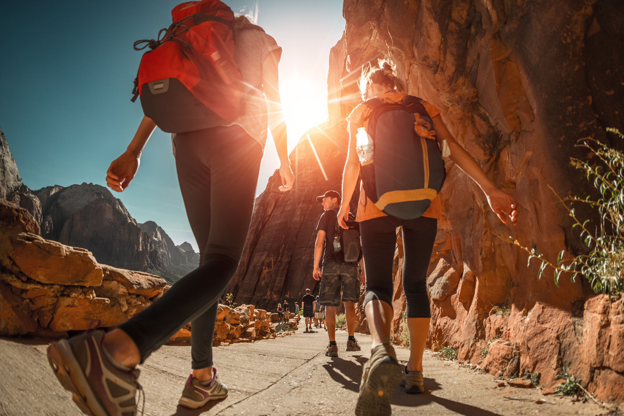 A team hiking through a canyon