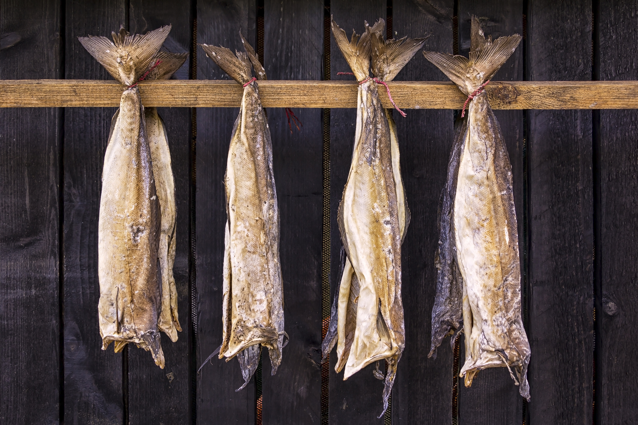 Four dried fish are hanging on a wooden rack against a dark background.