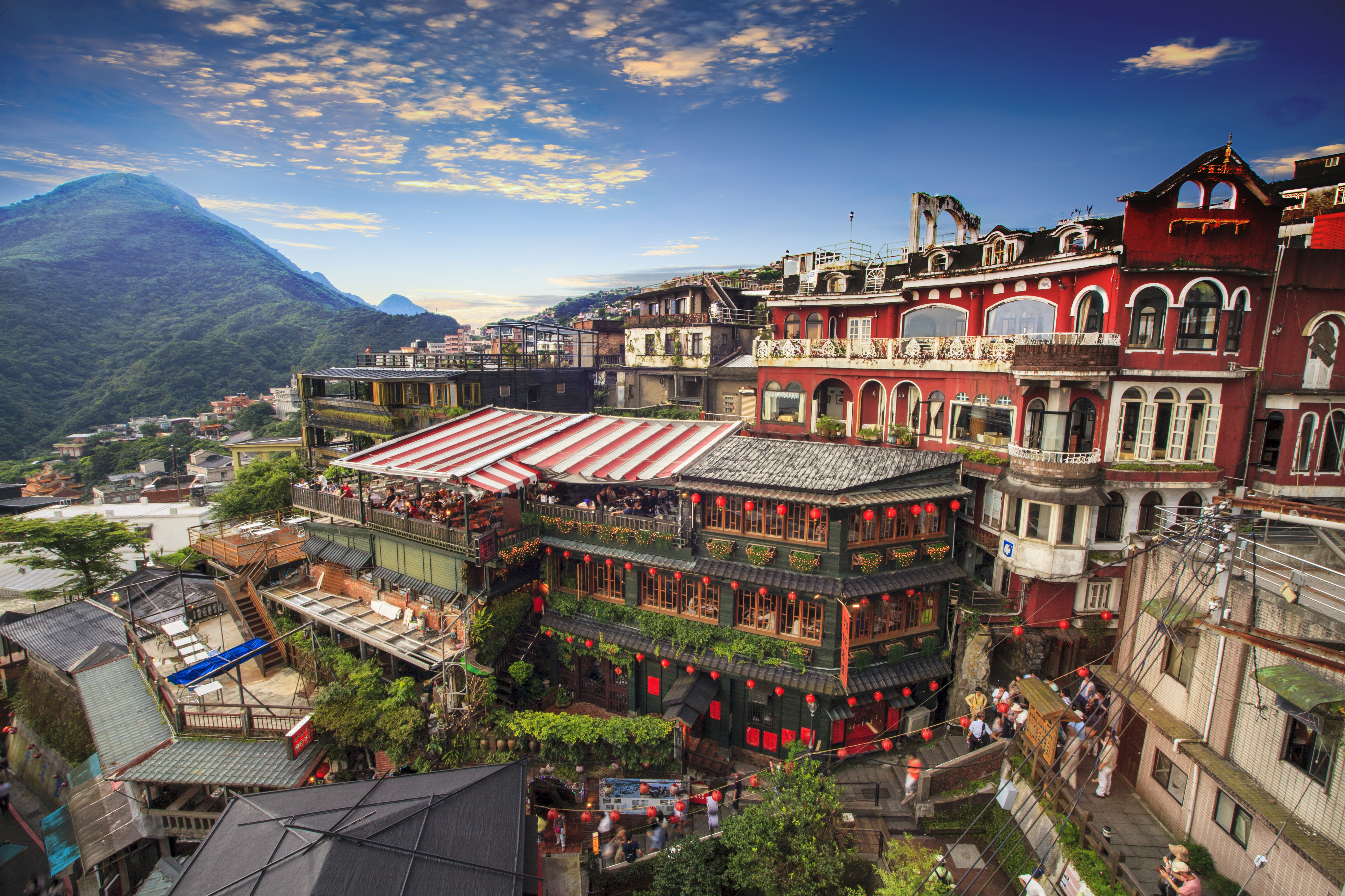 Evening view of hillside tea houses Jioufen village