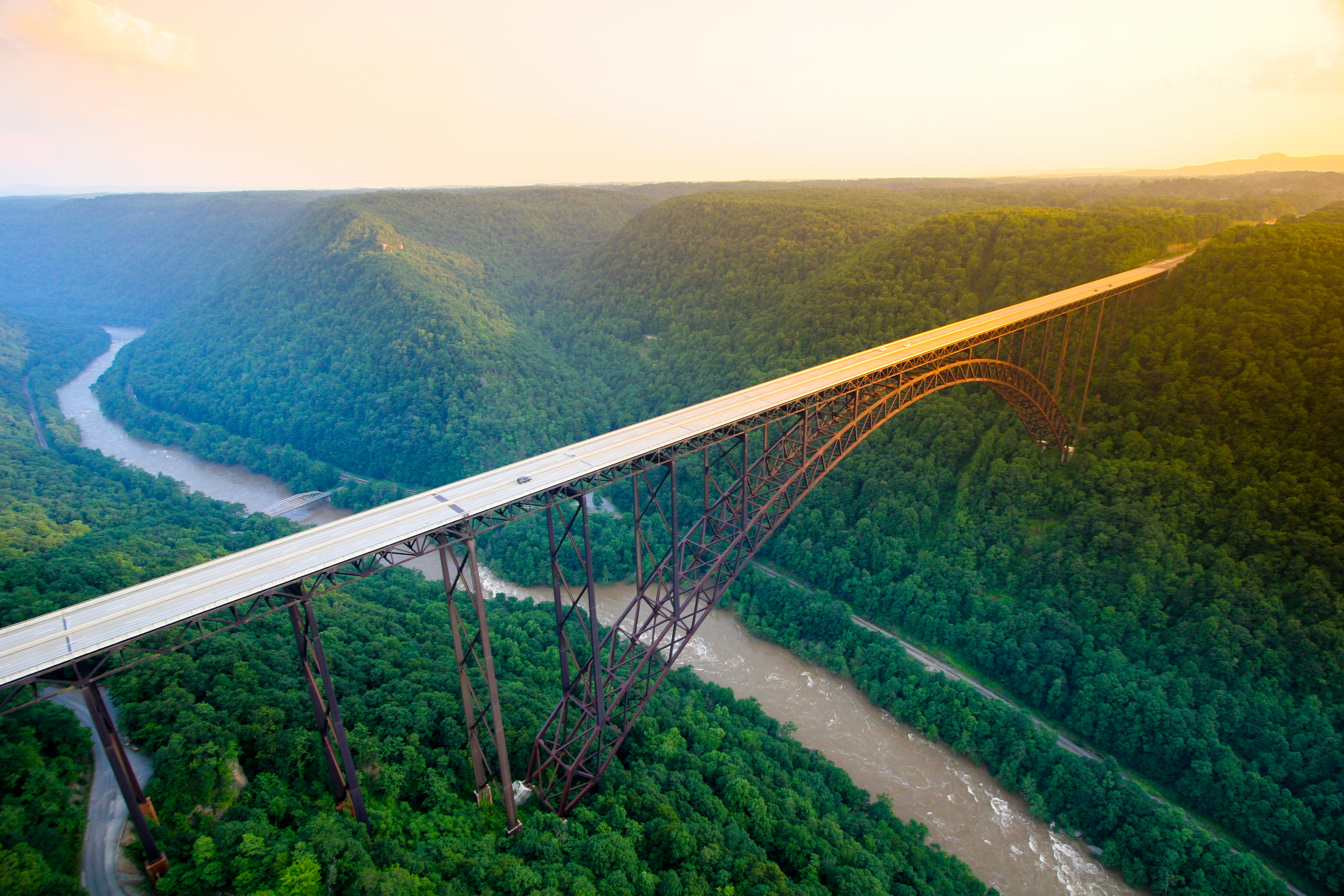 Sunset Aerial vew over the New River Gorge Bridge