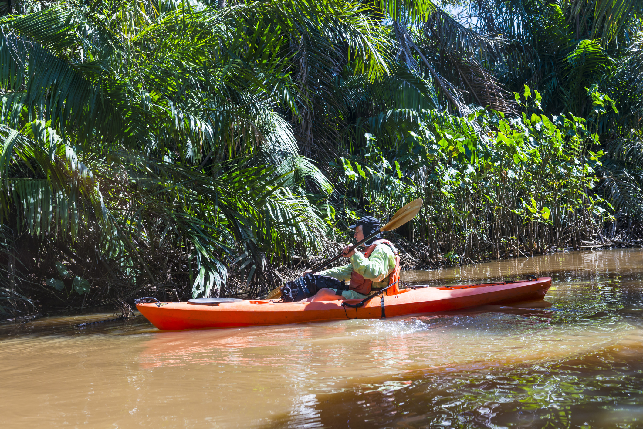 A person paddles a kayak through a lush, green river surrounded by tropical foliage.