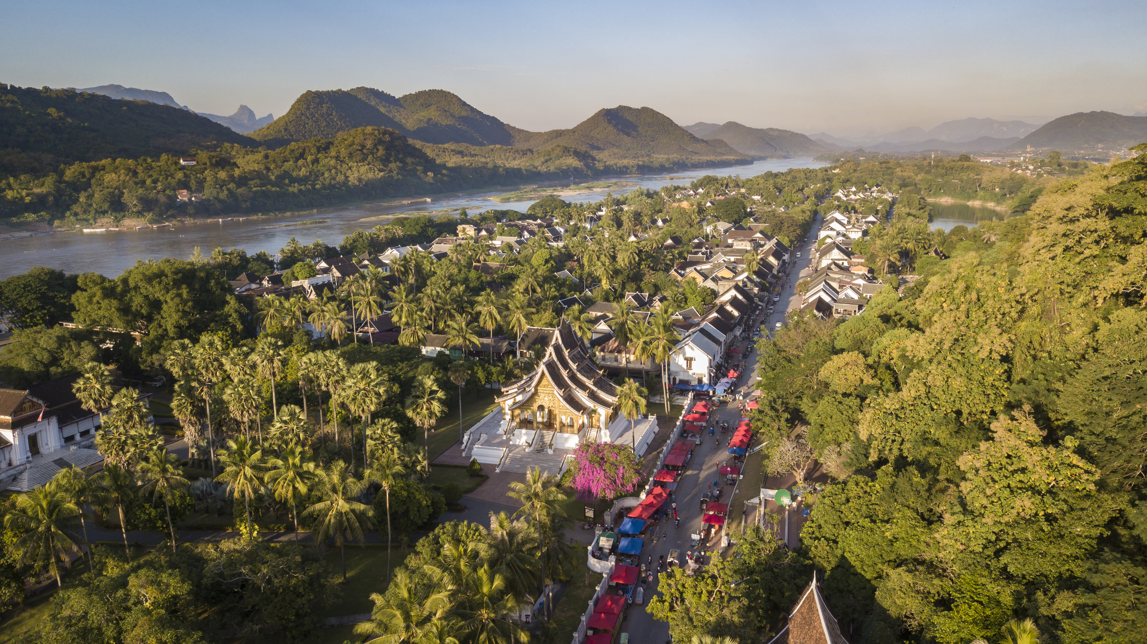 Aerial view of Luang Prabang along the Mekong River, an UNESCO World Heritage city in Laos
