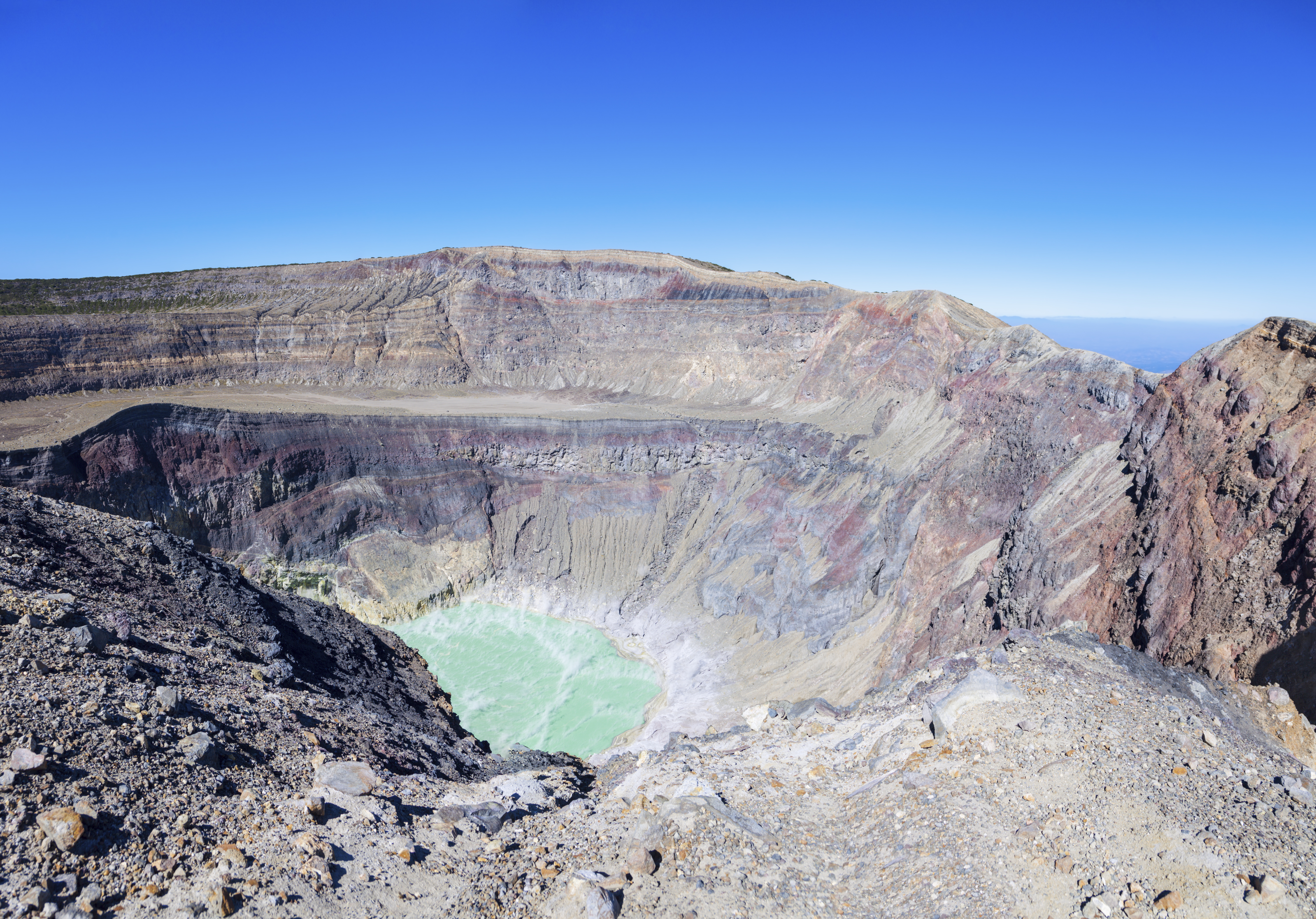 Laguna Ilamatepec, a fantastic sulfur lagoon, inside Santa Ana Volcano. Santa Ana, El Salvador