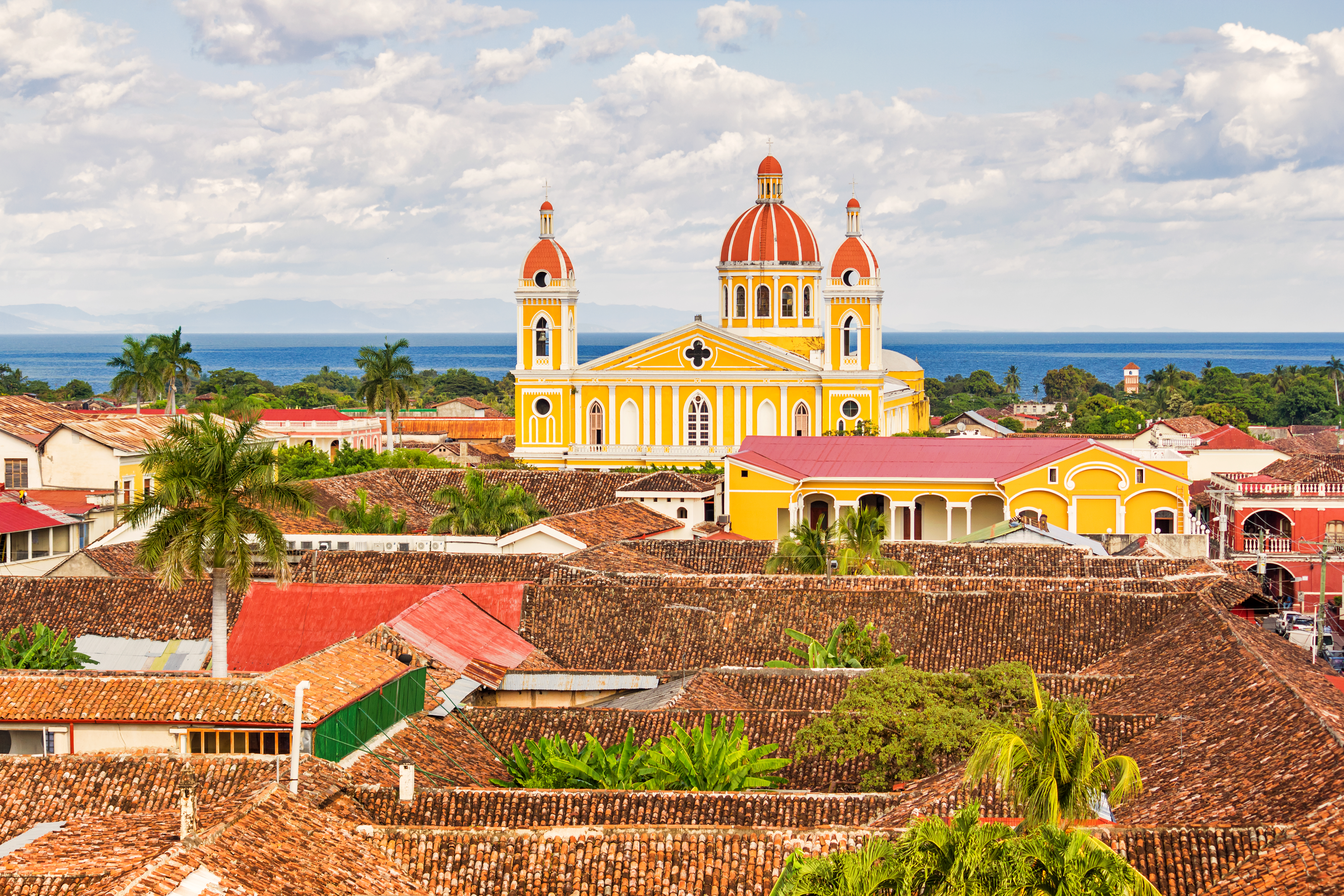 View of the city of Granada and the landmark Cathedral of Granada in Nicaragua with Lake Nicaragua in the background