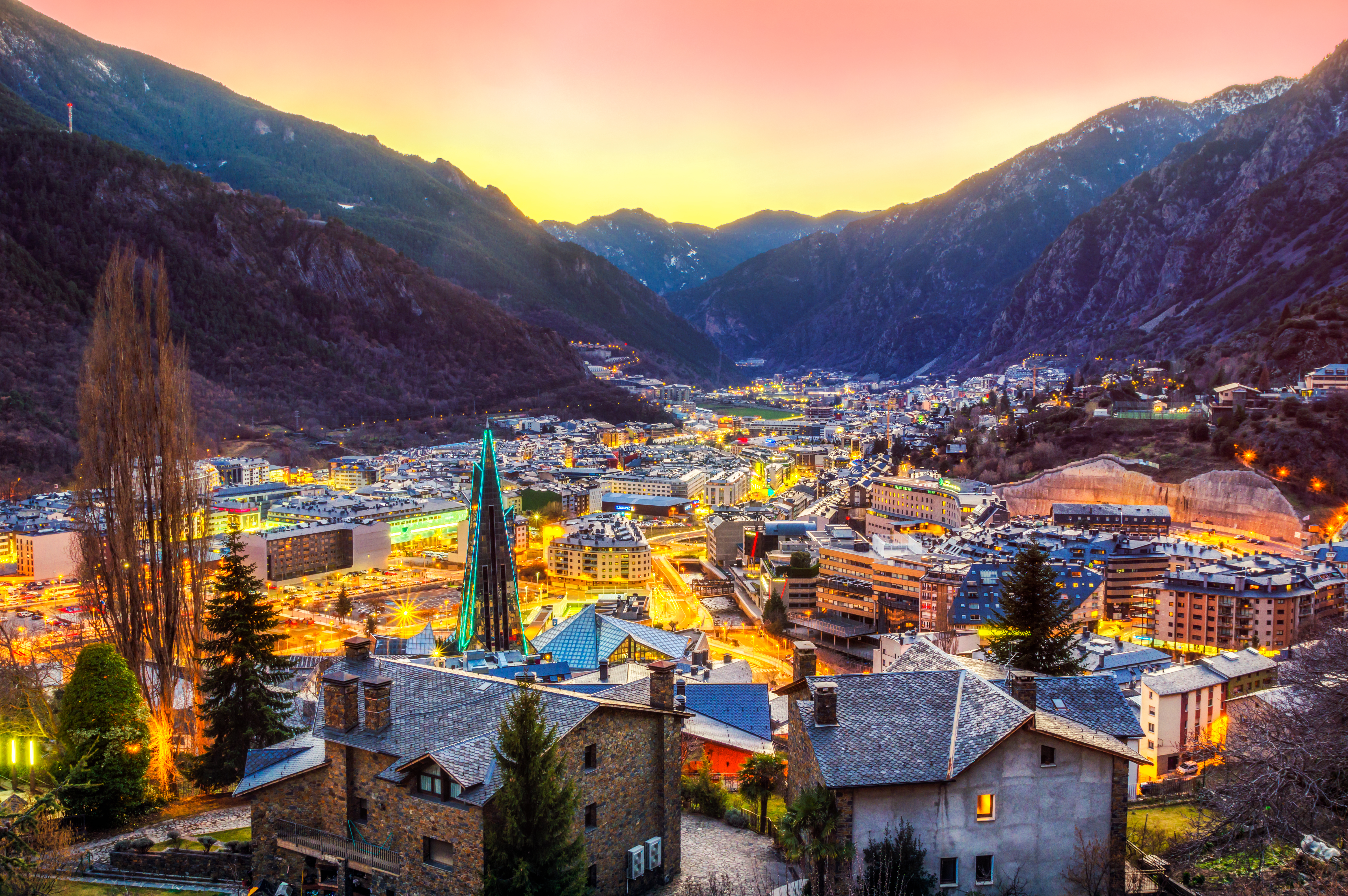 Aerial view of andorra la vella sunset escaldes dusk caldea blue hour