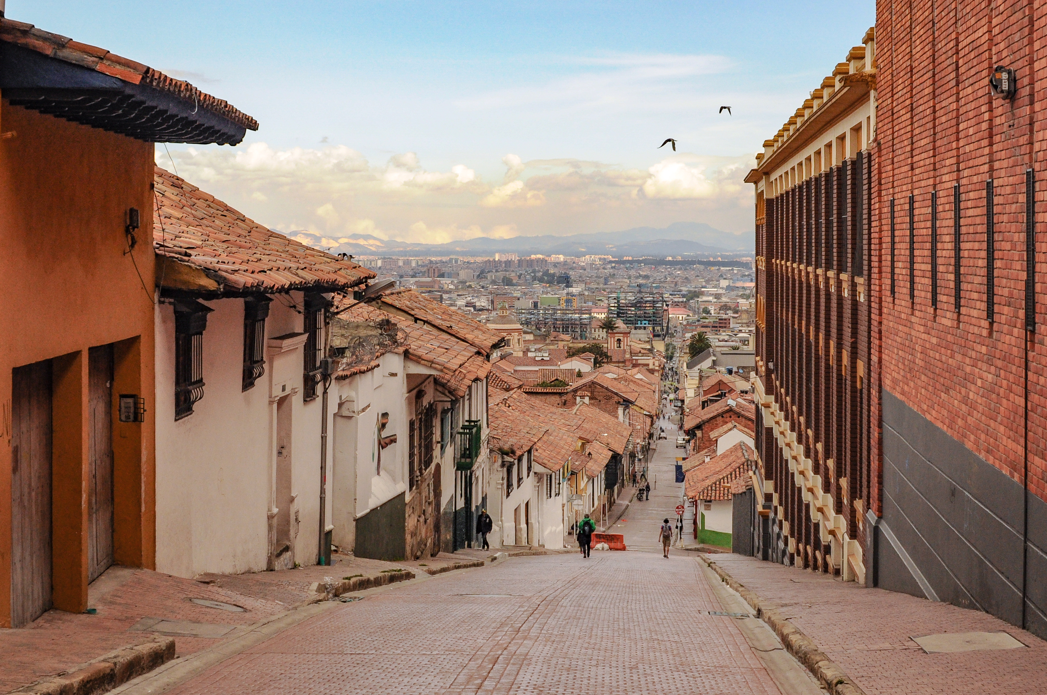 Steep street in the old town La Candelaria in Bogotá in Colombia