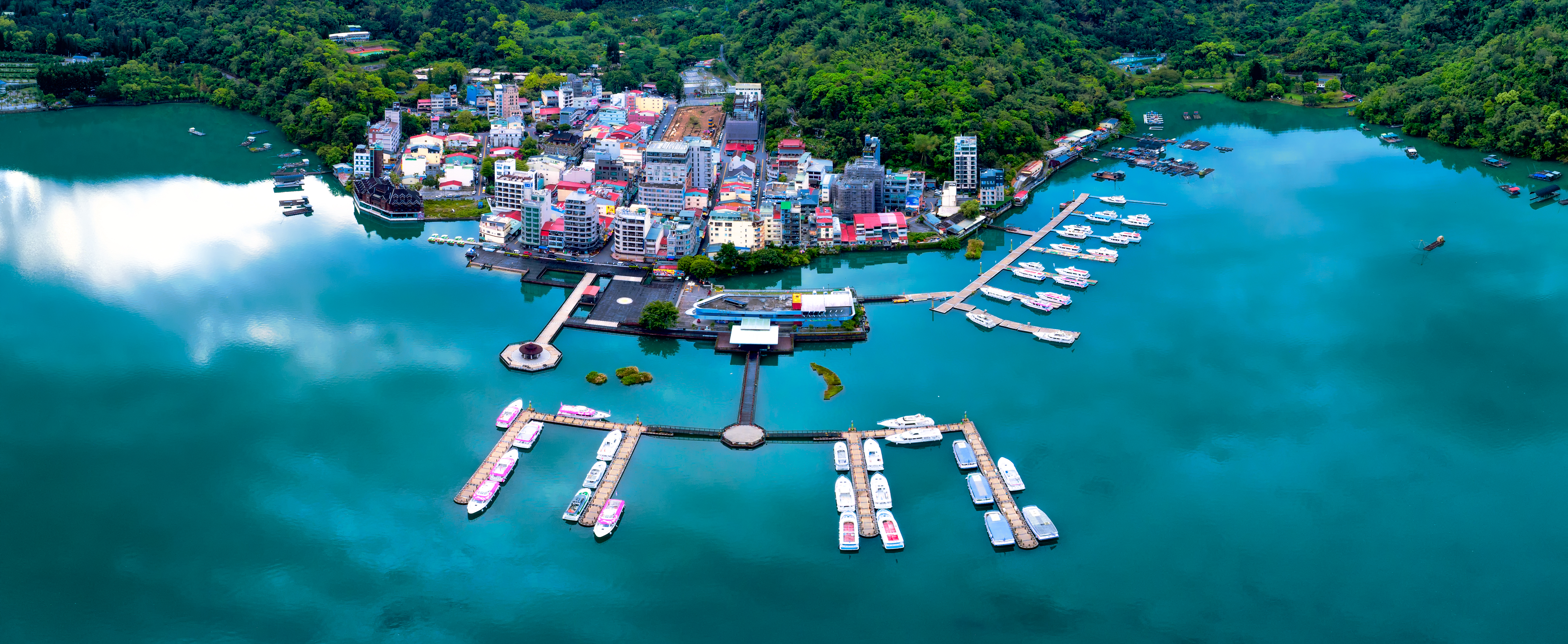 Aerial shot of wharf, pier and beautiful lake waters