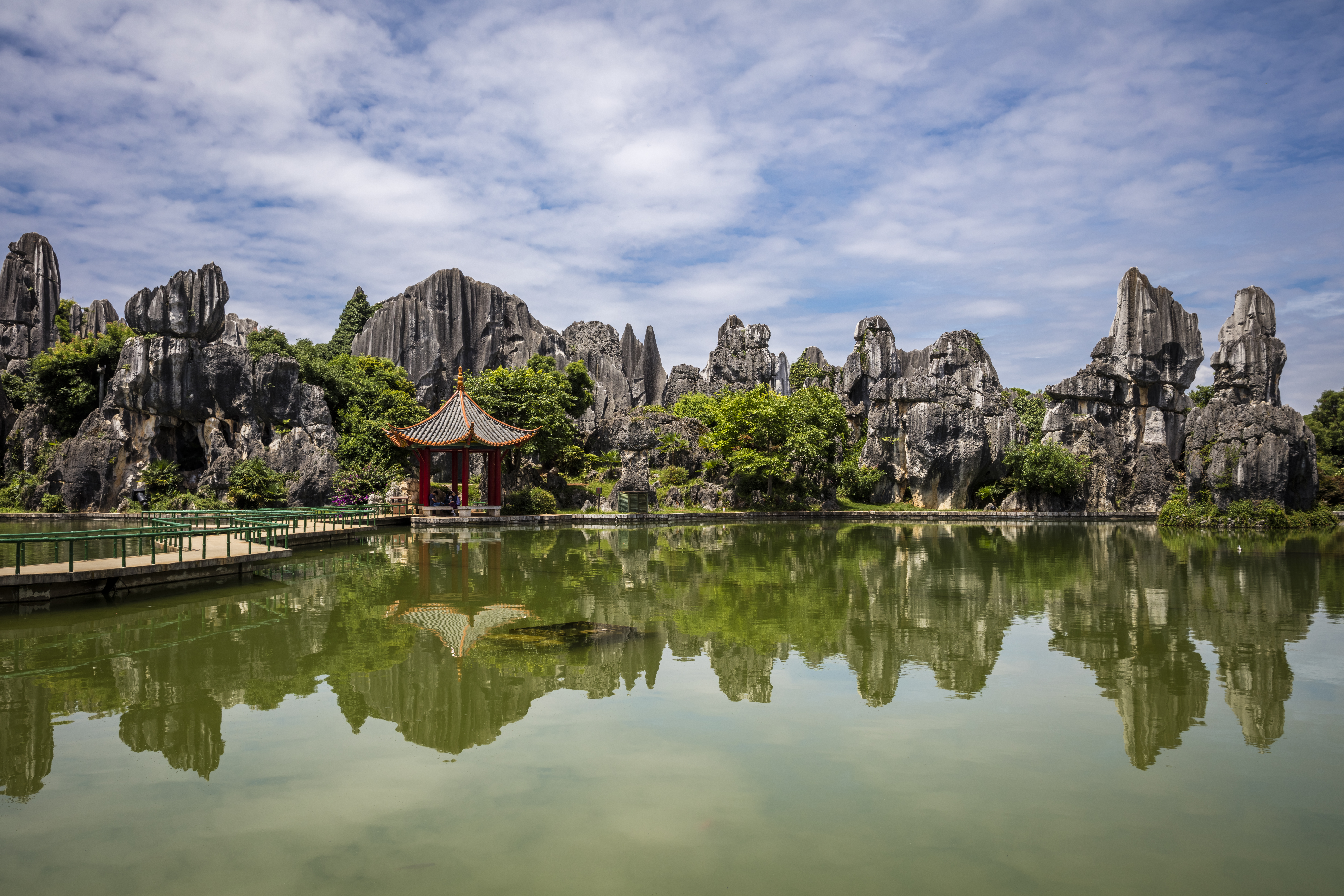 The Stone Forest or Shilin is a notable set of tall limestone formations that seem to arise from the ground looking like petrified trees