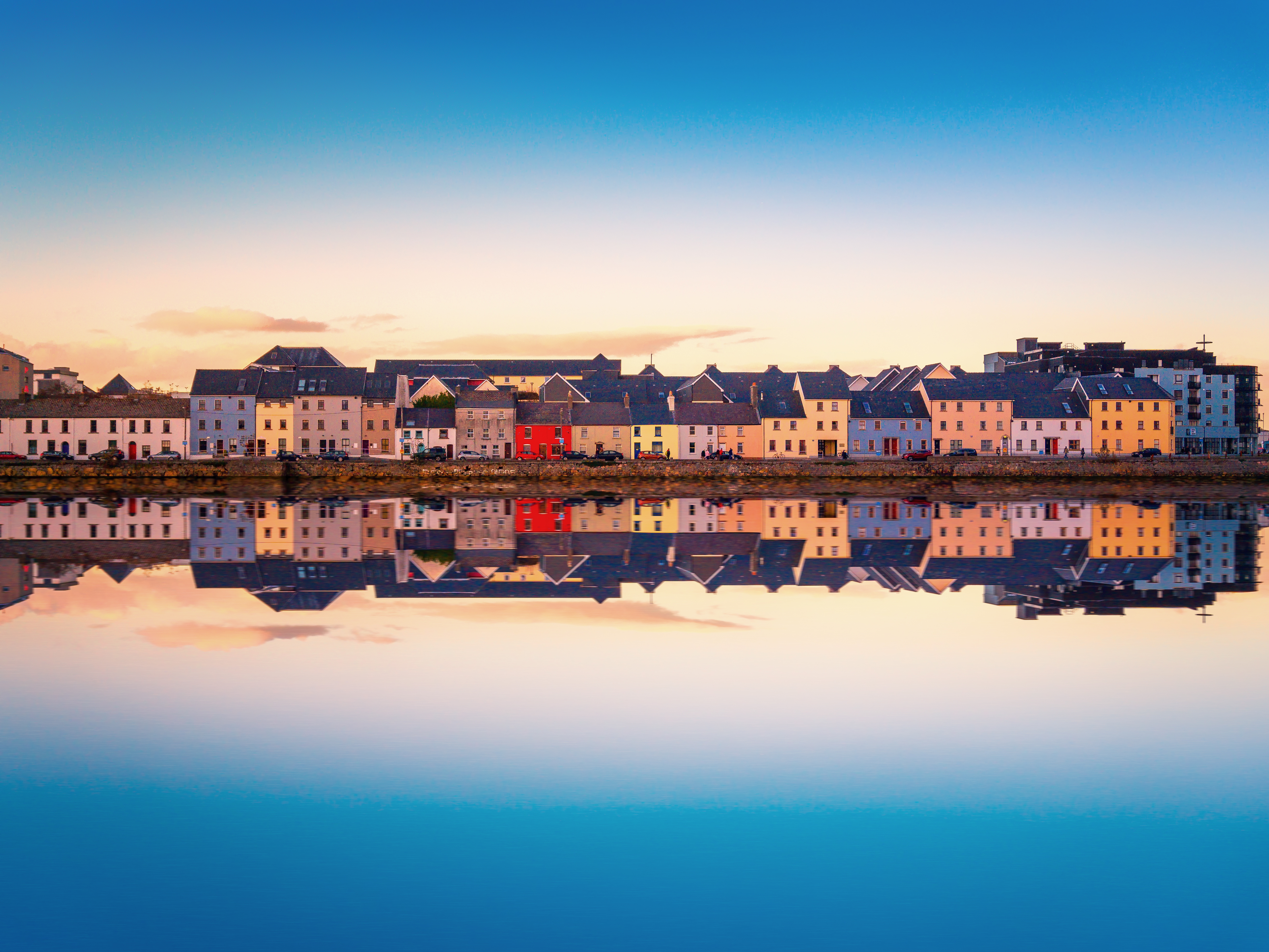 Beautiful panoramic sunset view over The Claddagh Galway in Galway city, Ireland