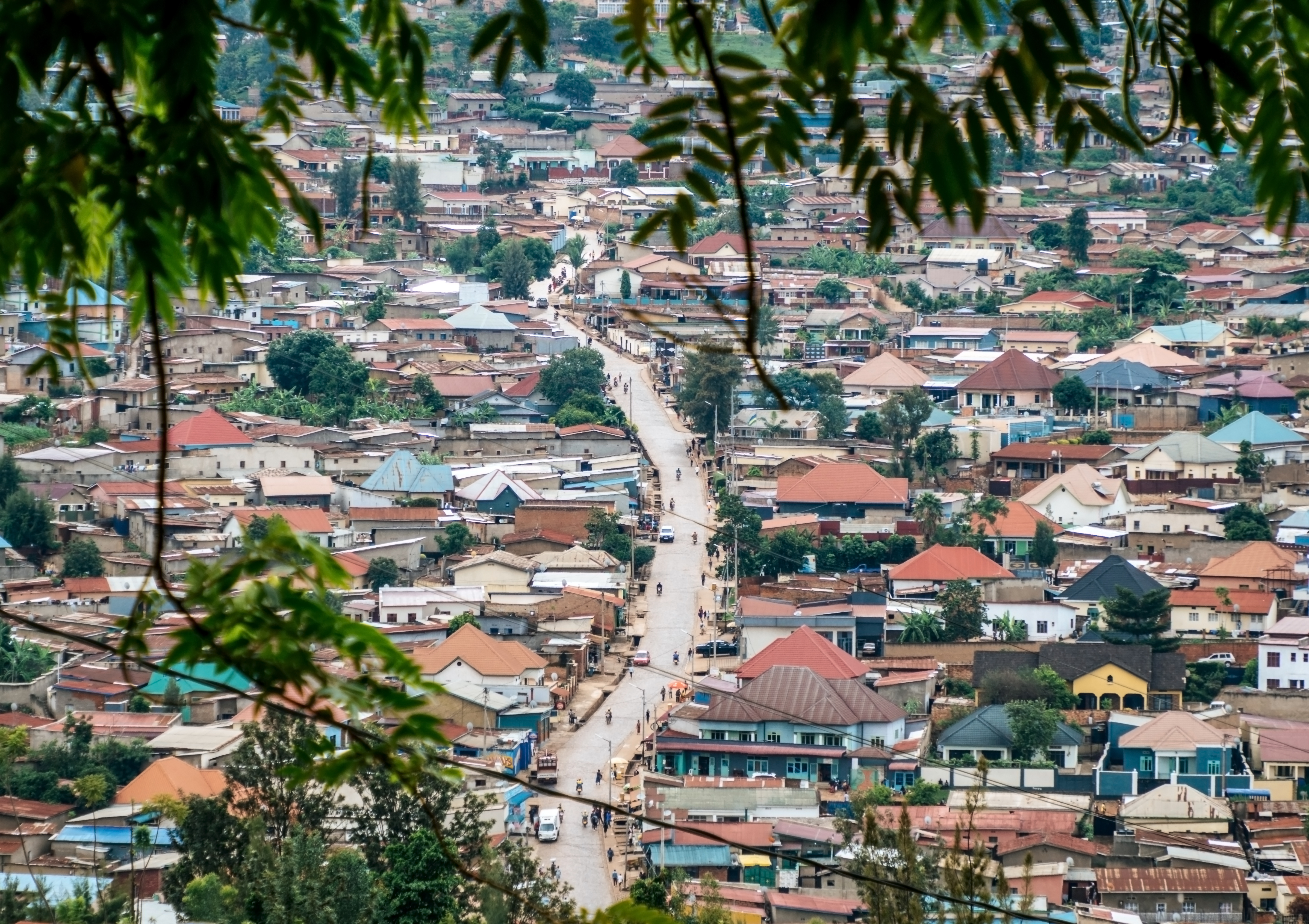 an aerial view of modest homes in the Rwandan capital of Kigali