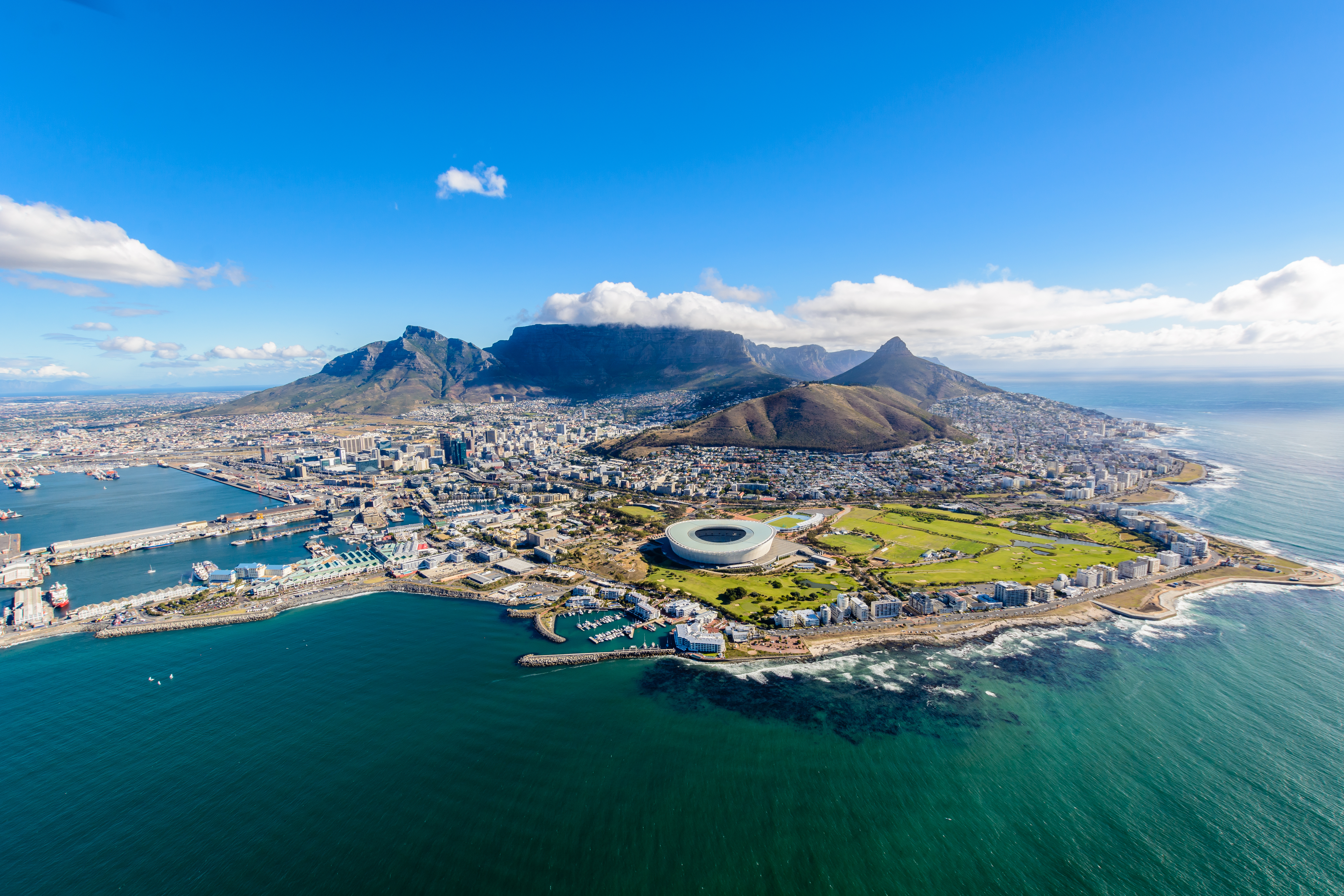 Aerial view of Cape Town, South Africa on a sunny afternoon. 
