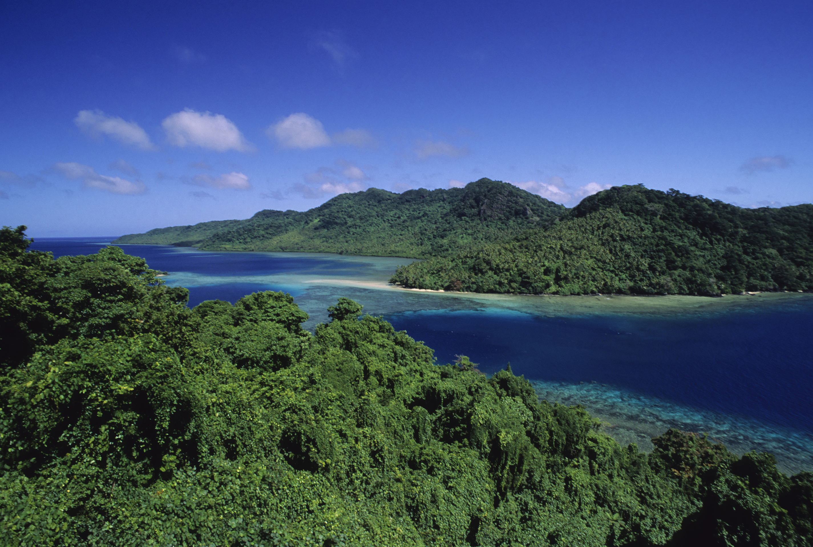 Channel of water surrounded by islands.