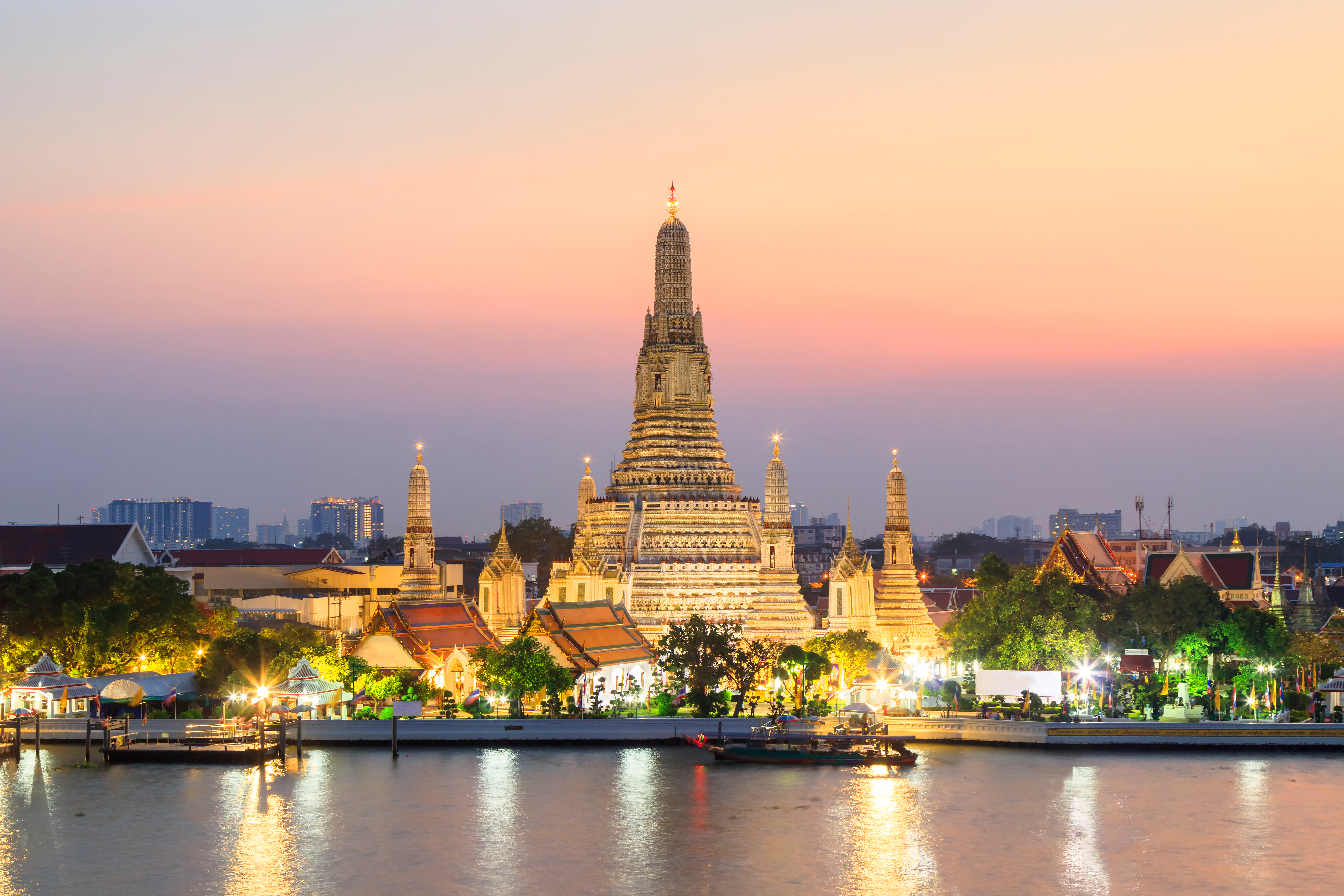 Wat Arun Temple at sunset in Bangkok Thailand. 