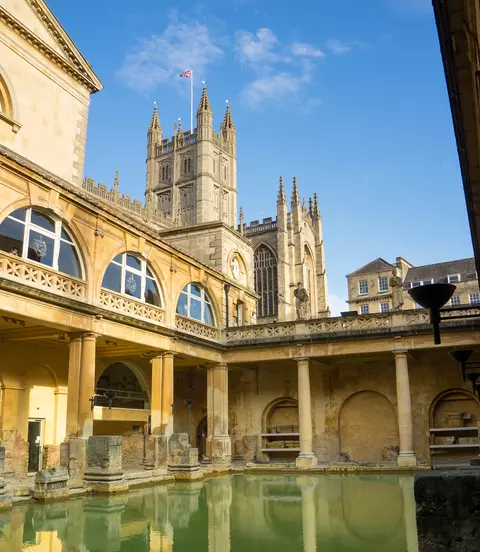 View of ancient Roman baths in the English city of Bath.