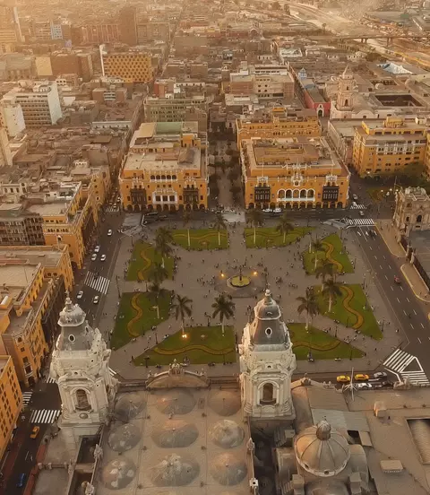 Panoramic aerial view of Lima, Peru Plaza de Armas