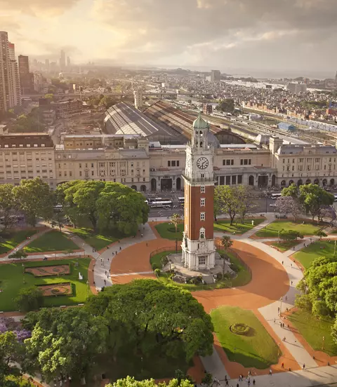 Aerial view of Torre Monumental (English Clock Tower) in Plaza Fuerza Aérea Argentina and the Retiro Railway Statio
