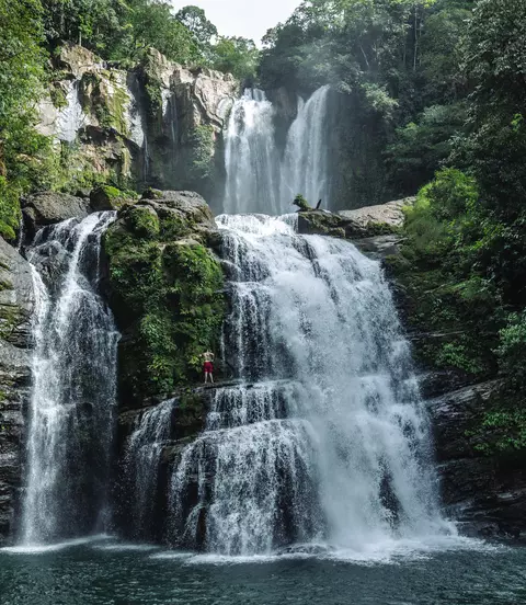 Tall beautiful waterfalls in a lush green rainforest 