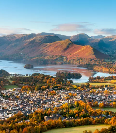 Aerial view of keswick town and surrounding mountains with Lake District National Park