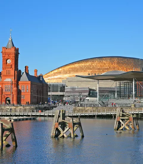 View of Cardiff city skyline from across the bay showing the Pier head building National Assembly