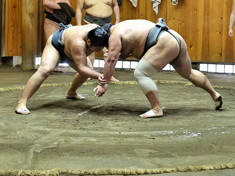 High ranking sumo wrestlers line up at Tokyo Grand Sumo Tournament. Try and include a wrestling event on your Japanese vacation.