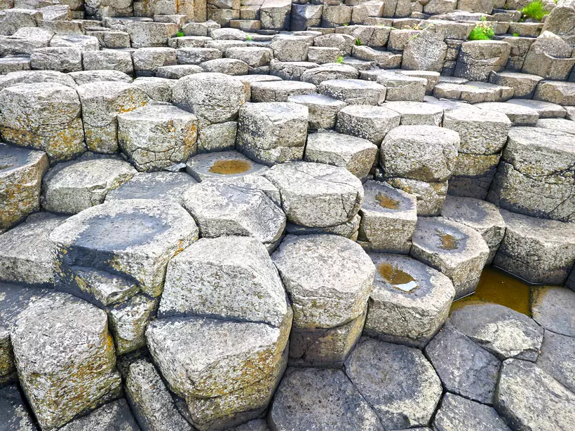 Closeup Patterns of some the forty thousand interlocking basalt columns, natural formations.