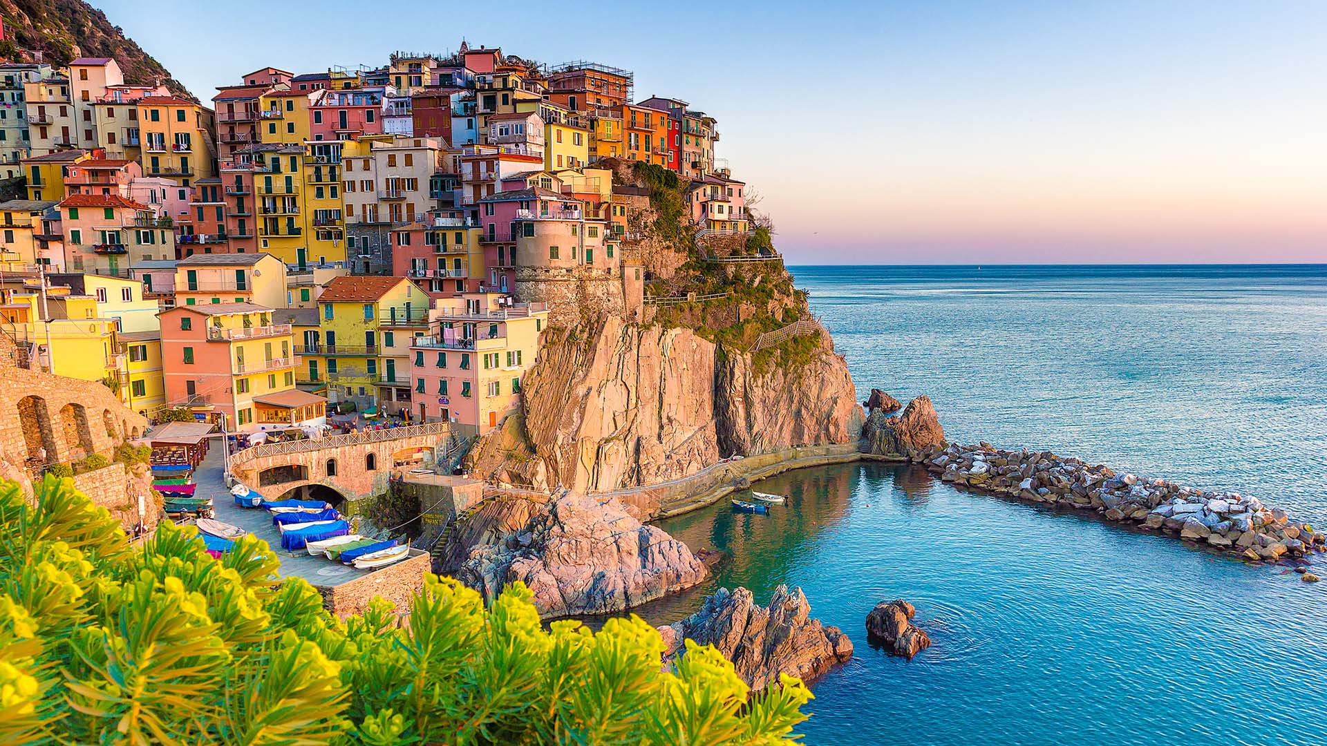 View of the famous coastal homes of the Cinque Terre in Italy.