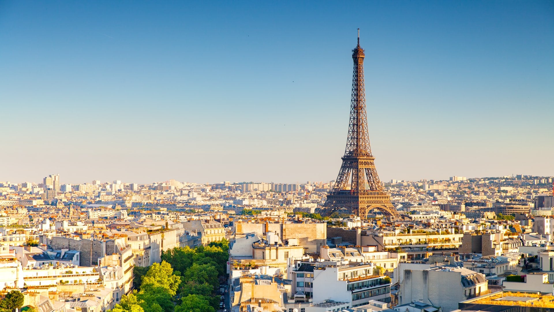 Cityscape of Paris and the Eiffel Tower at sunset