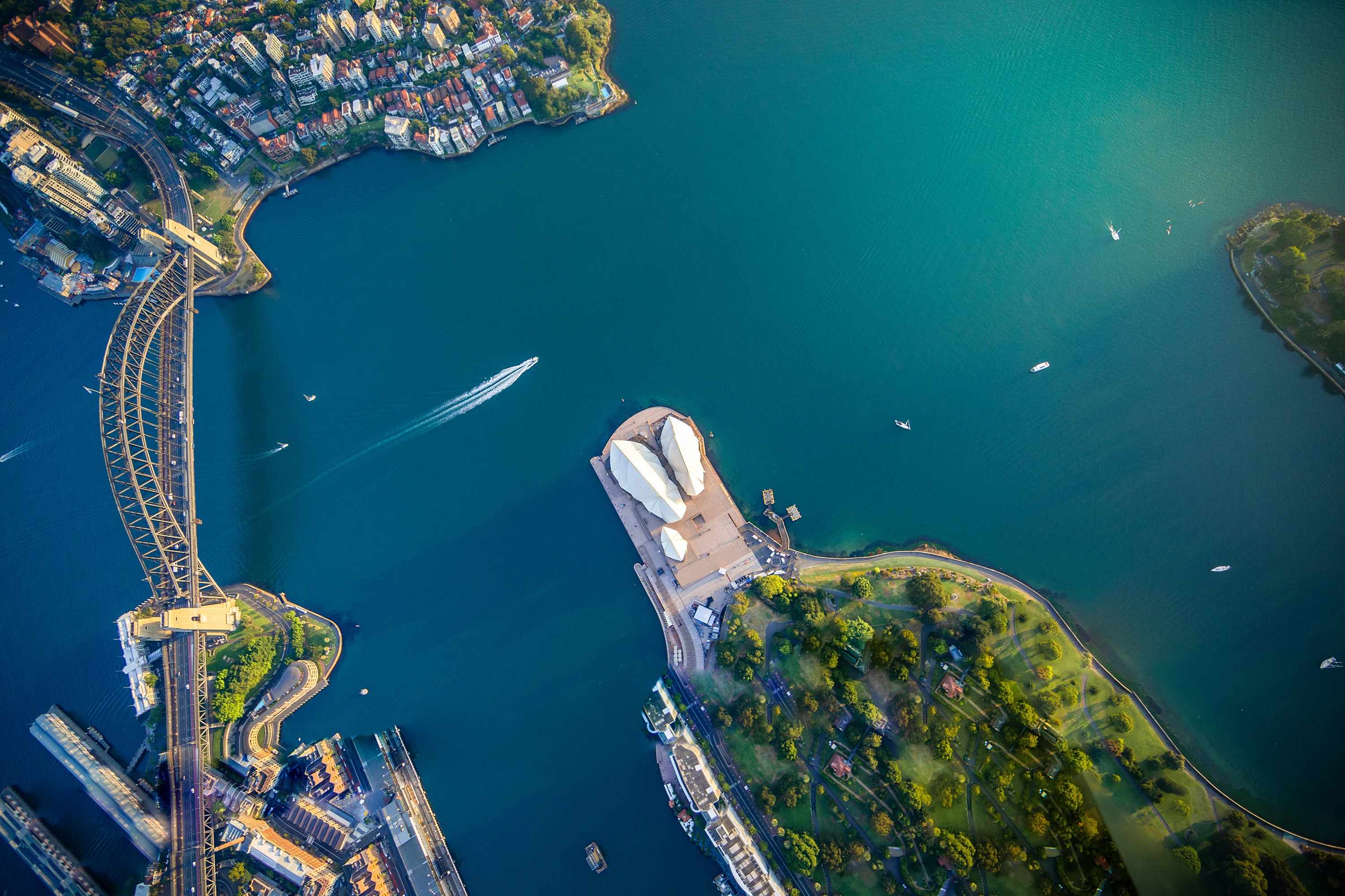 Aerial view of harbour with bridge and opera house