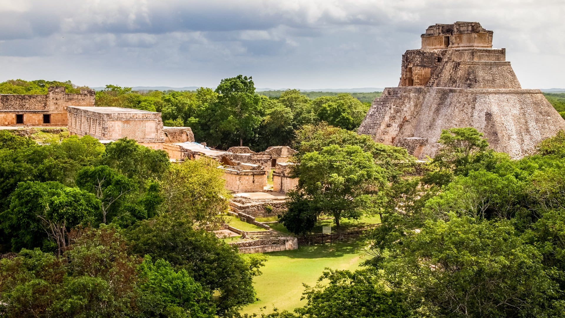 A beautiful landscape of the Pyramid of the Magician in the Mayan archeological site of Uxmal in southern Mexico
