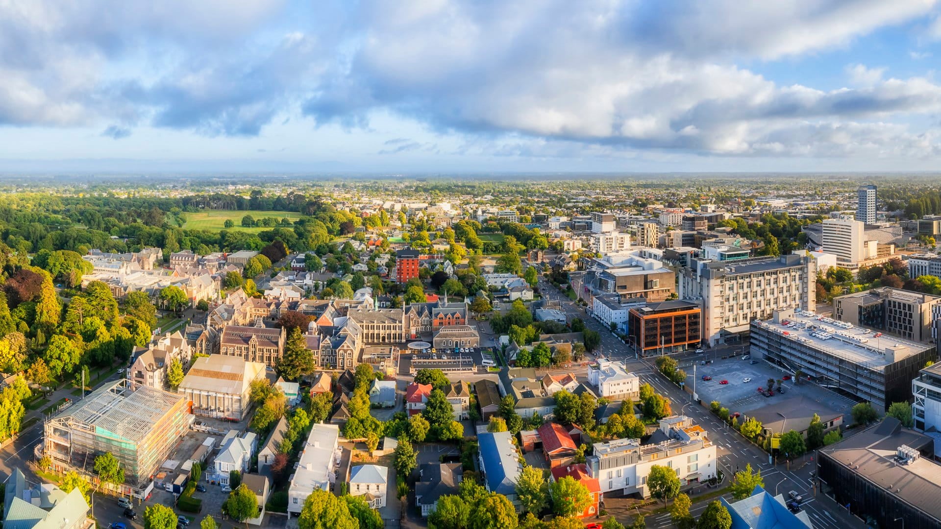 Aerial cityscape panorama of christchurch city skyline in New Zealand Canterbury.