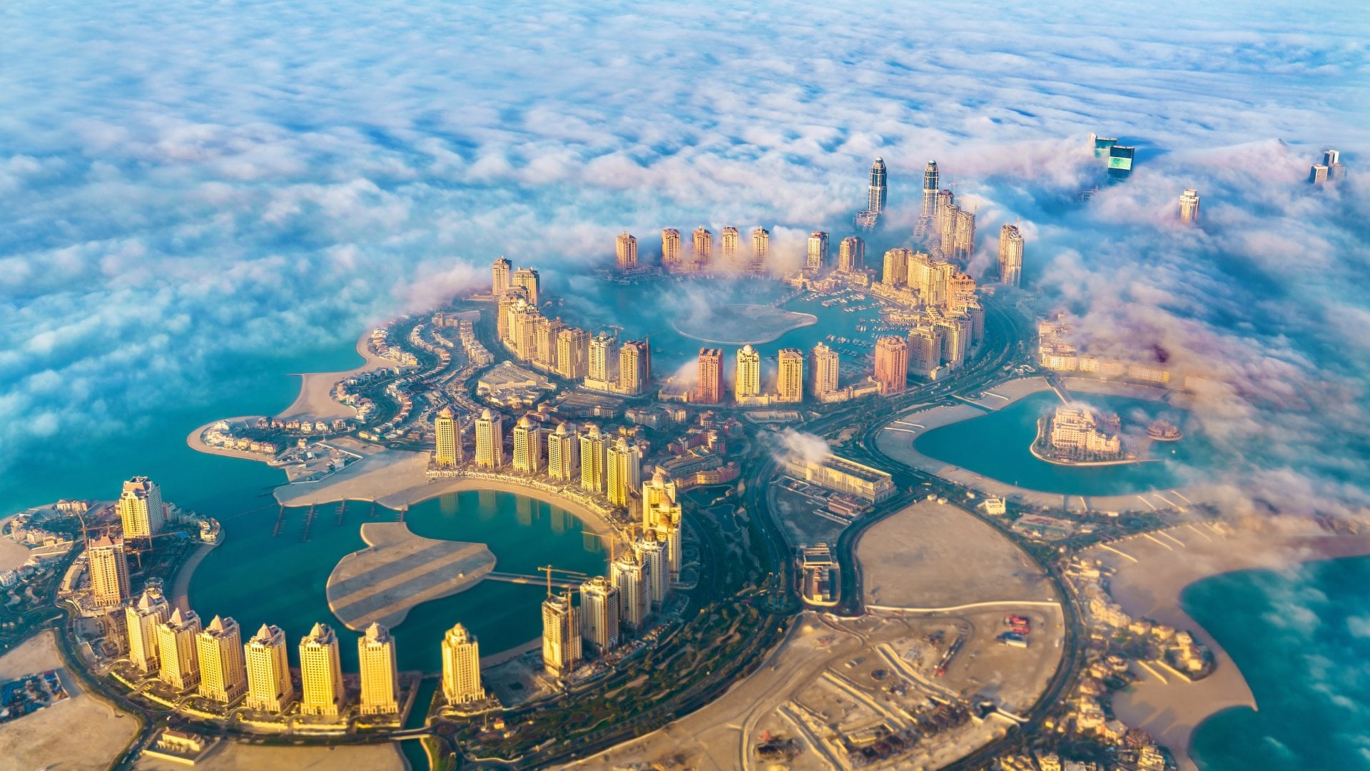 Qatar Aerial view of the Pearl-Qatar island in Doha through the morning fog - Qatar, the Persian Gulf