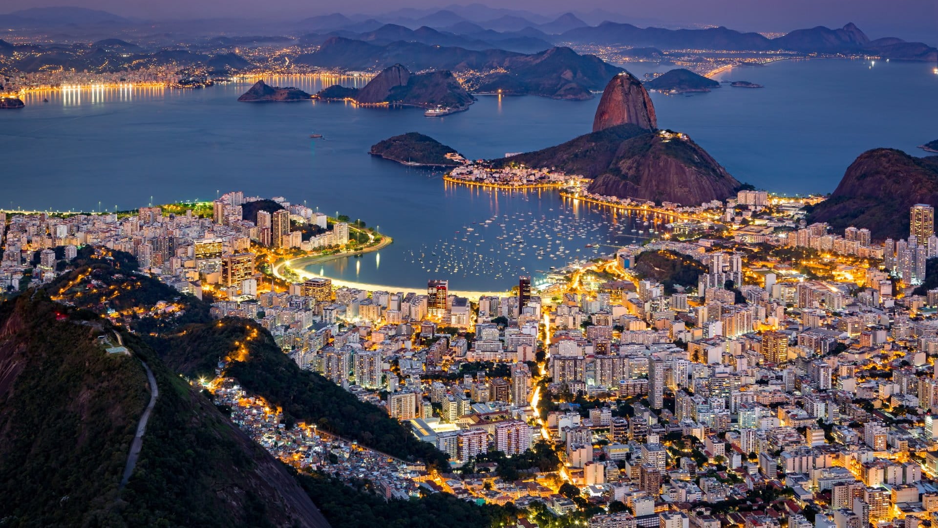 Aerial view over Rio de Janeiro at Night as viewed from Corcovado, Brazil