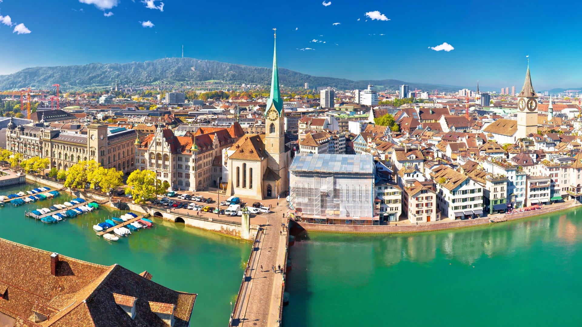 Aerial and panoramic view of Zurich and Limmat River waterfront, Switzerland