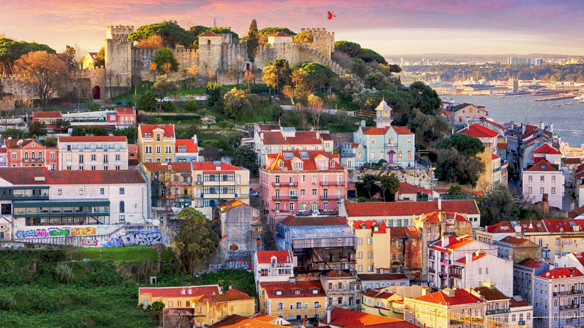 Lisbon, Portugal Alfama District skyline with Sao Jorge Castle, Lisbon, Portugal