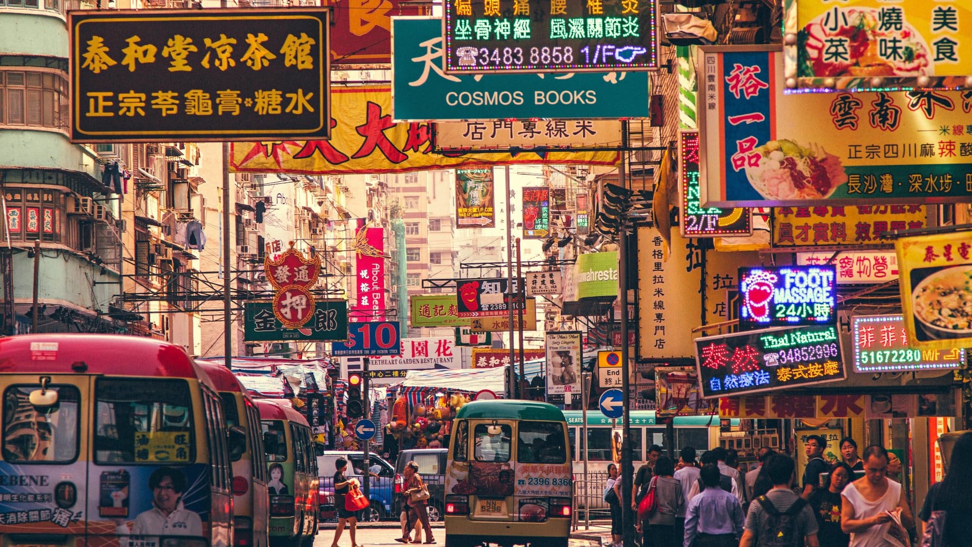 An iconic street scene of the Mongkok District in Hong Kong.