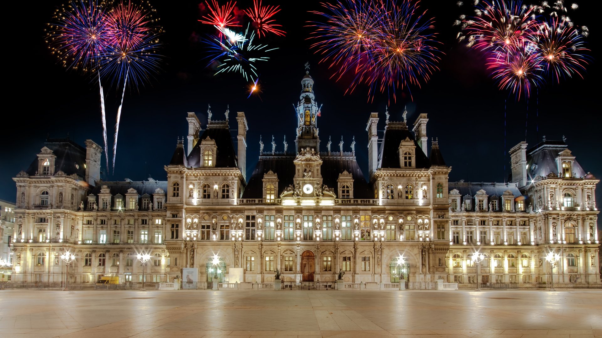 Background Fireworks on Bastille Day at Hotel de Ville in Paris, France