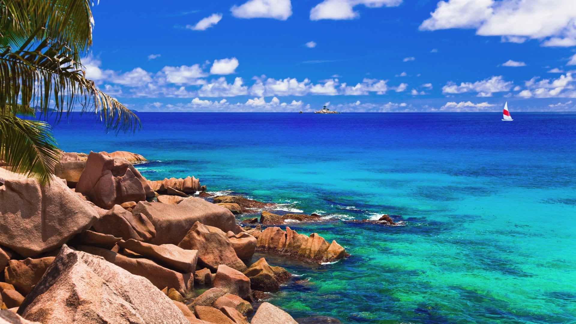 Beaches of La Digue and Sailboat Seychelles