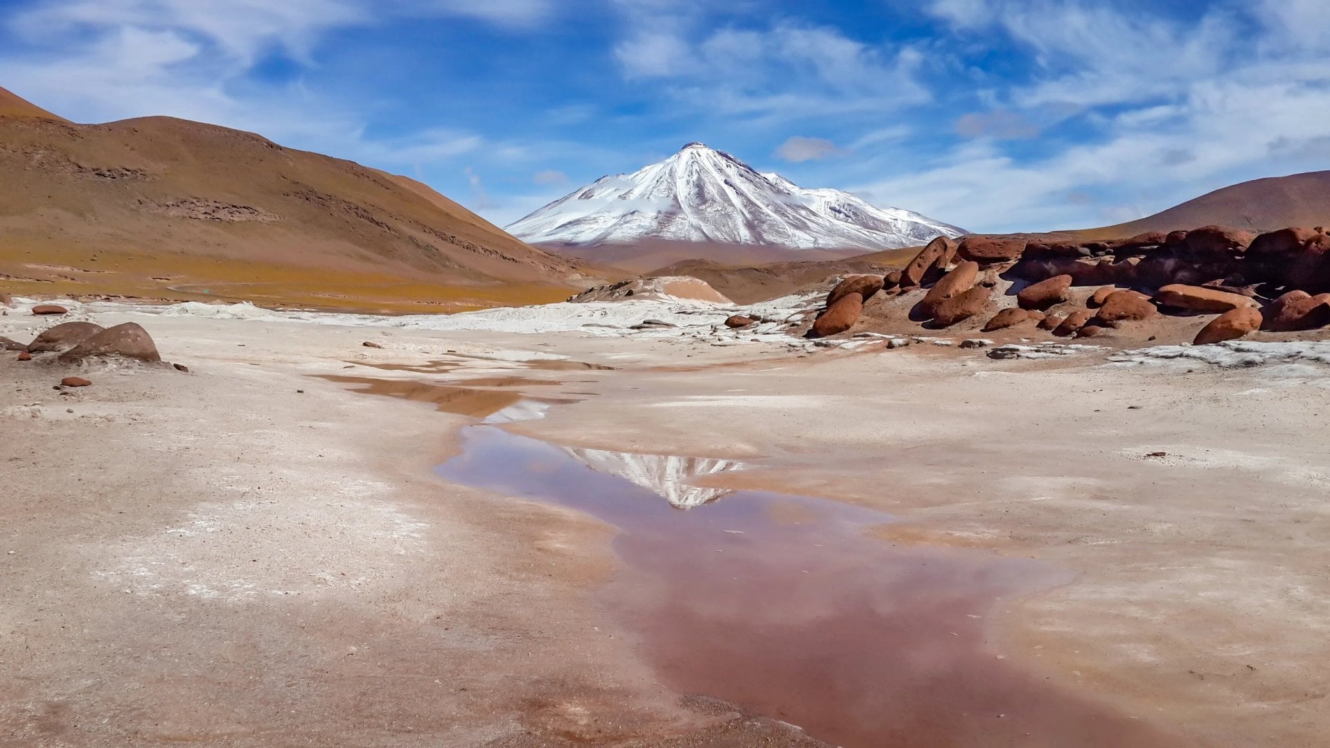 Beautiful snowy volcano background stock photo