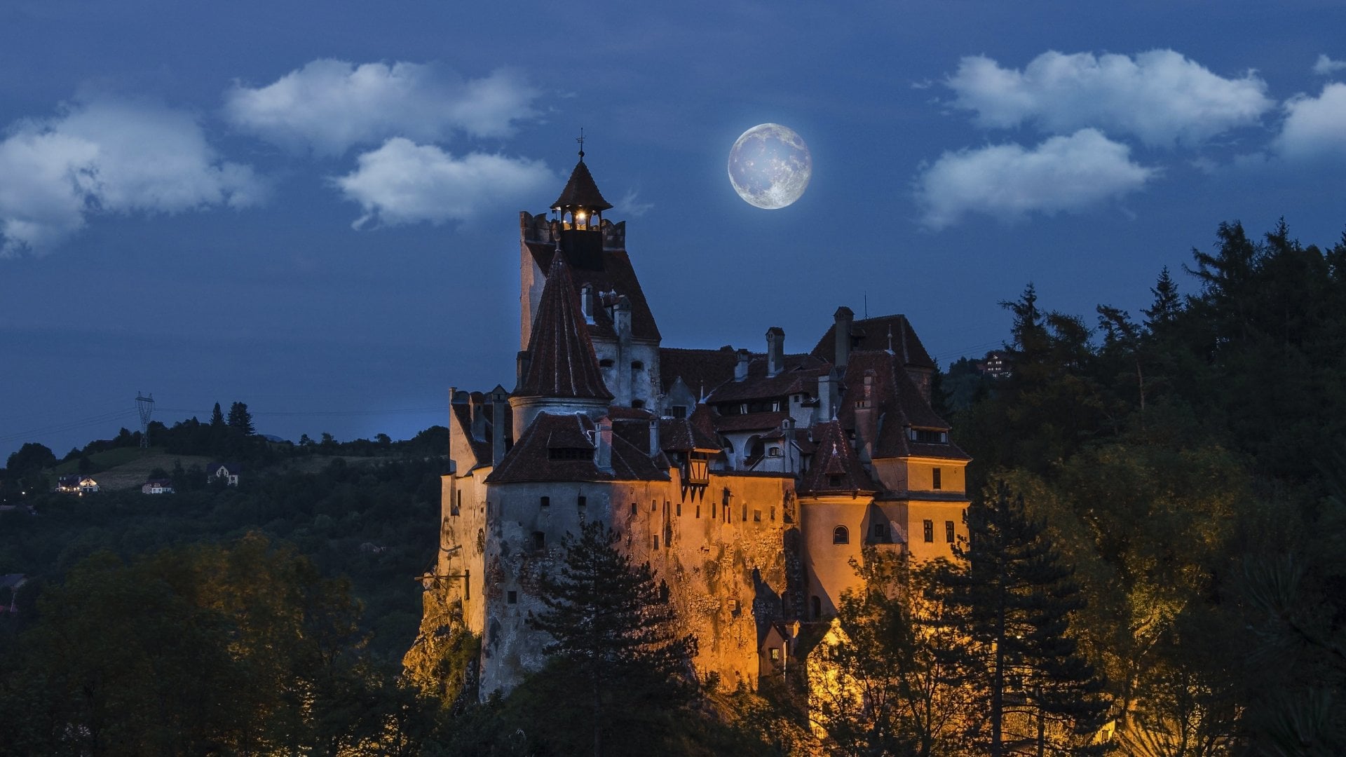 Bran Castle at Night with Full Moon, Transylvania, Romania