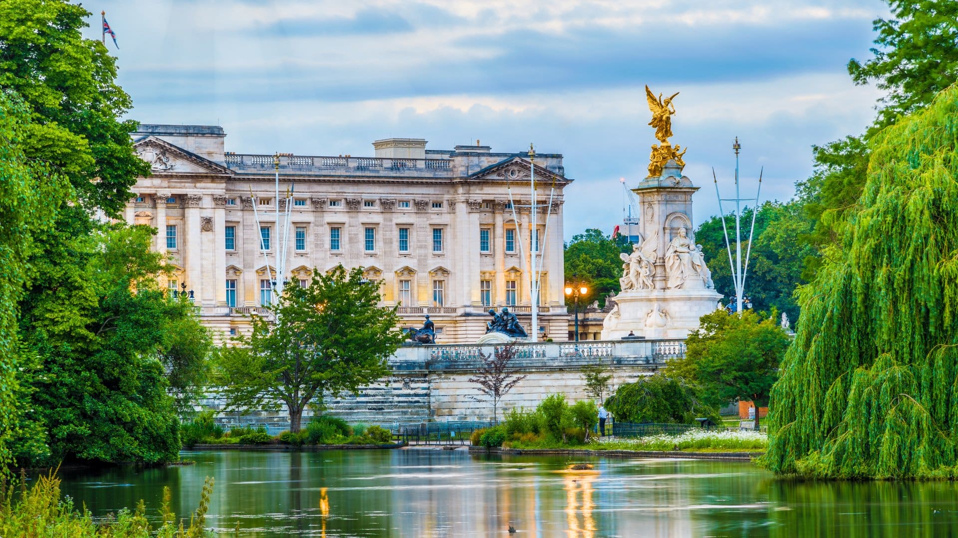 Buckingham Palace seen from St. James Park in London, England, UK (United Kingdom)