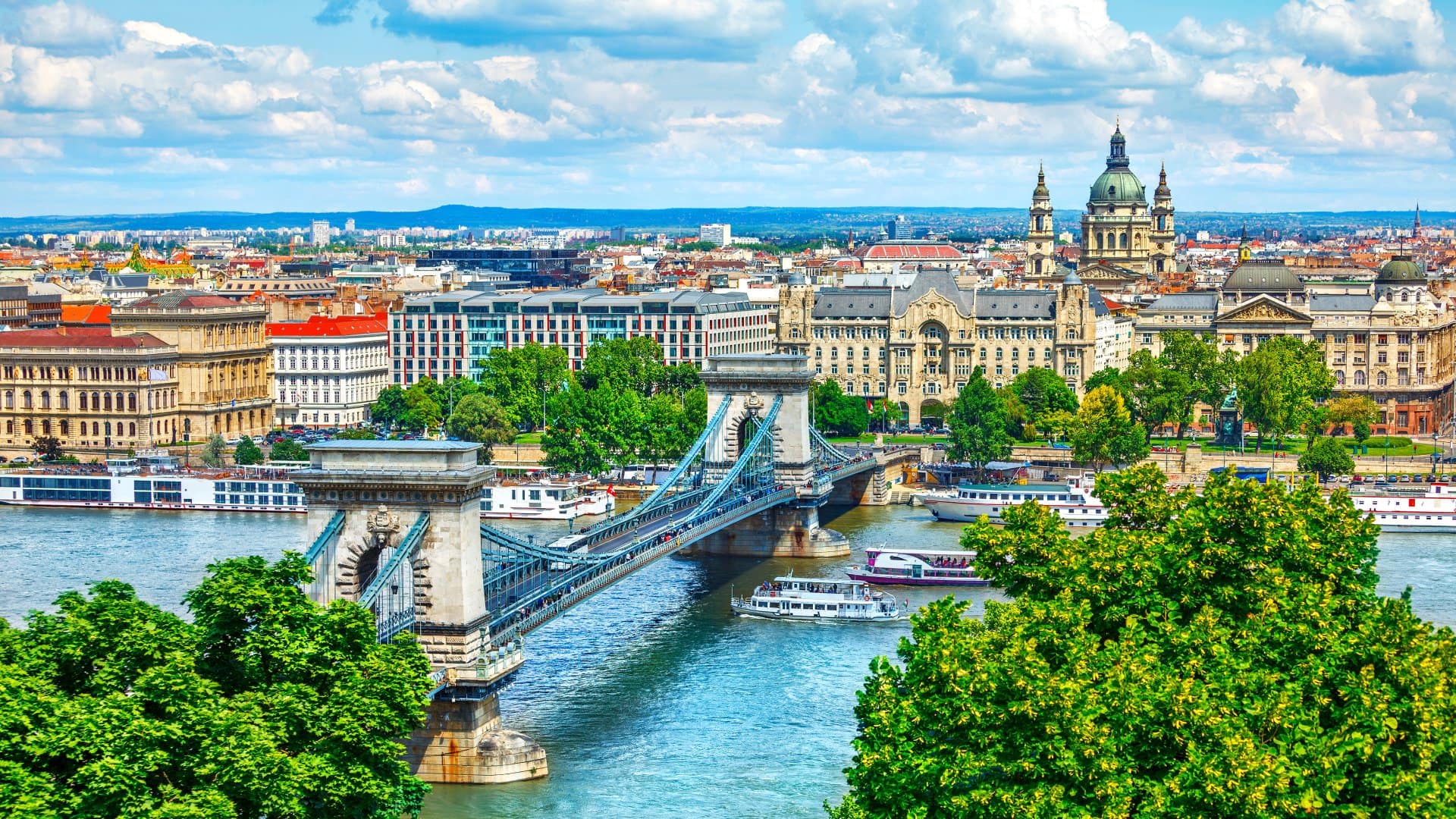 Chain Bridge above Danube River in Budapest. Hungary